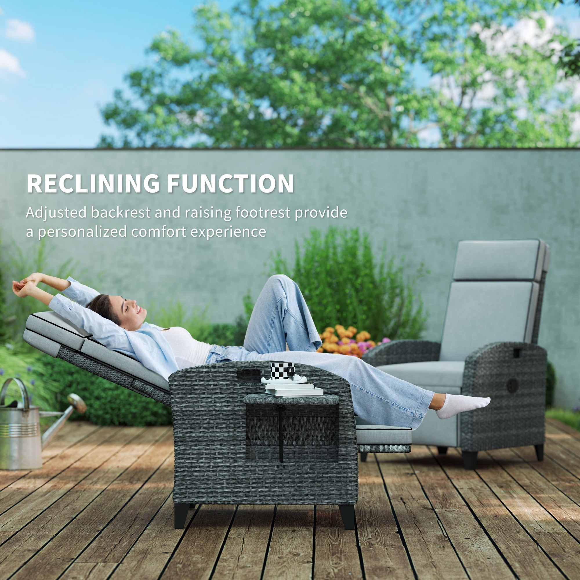 Outsunny Outdoor Rattan Recliner Chair with Cushion and Side Tray