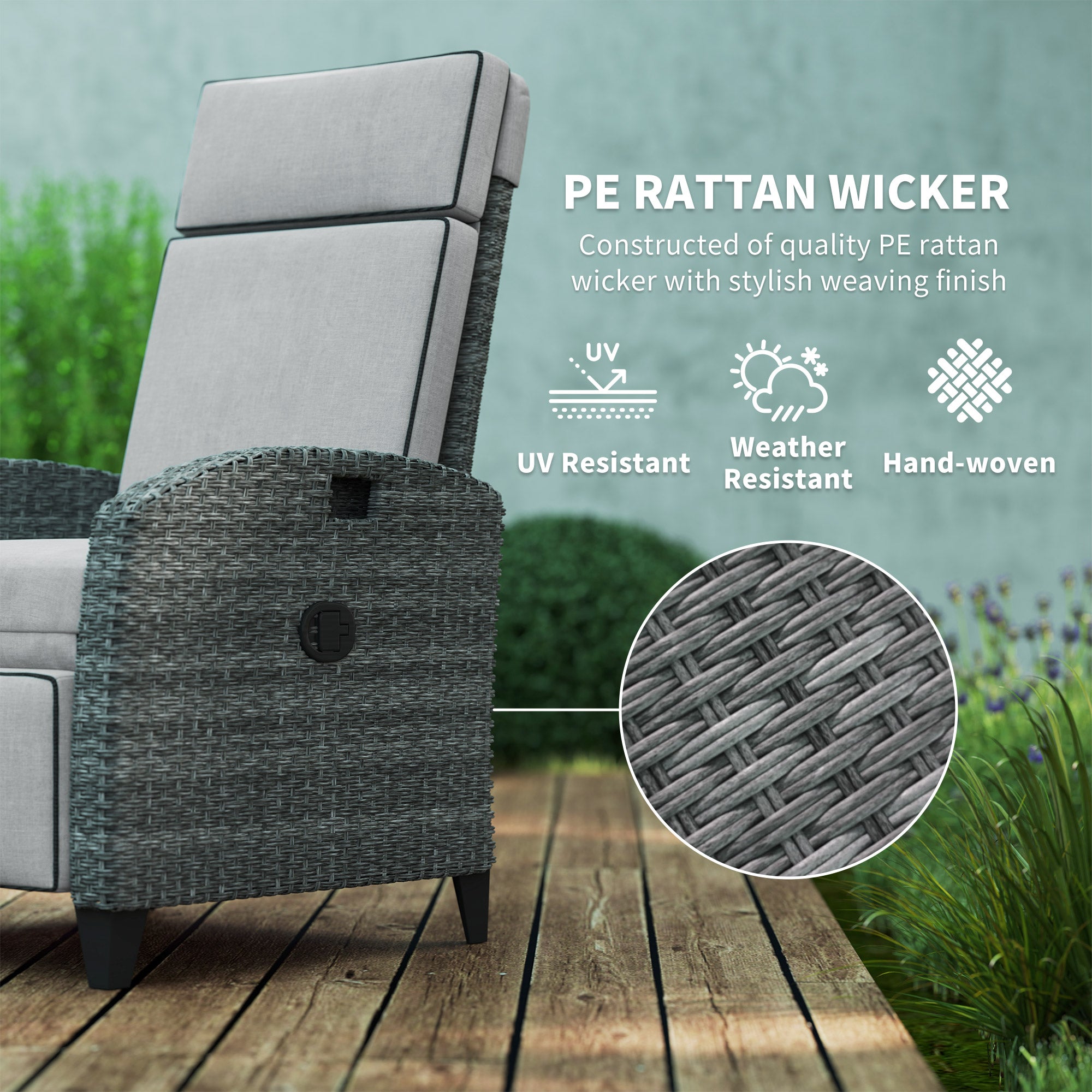 Outsunny Outdoor Rattan Recliner Chair with Cushion and Side Tray