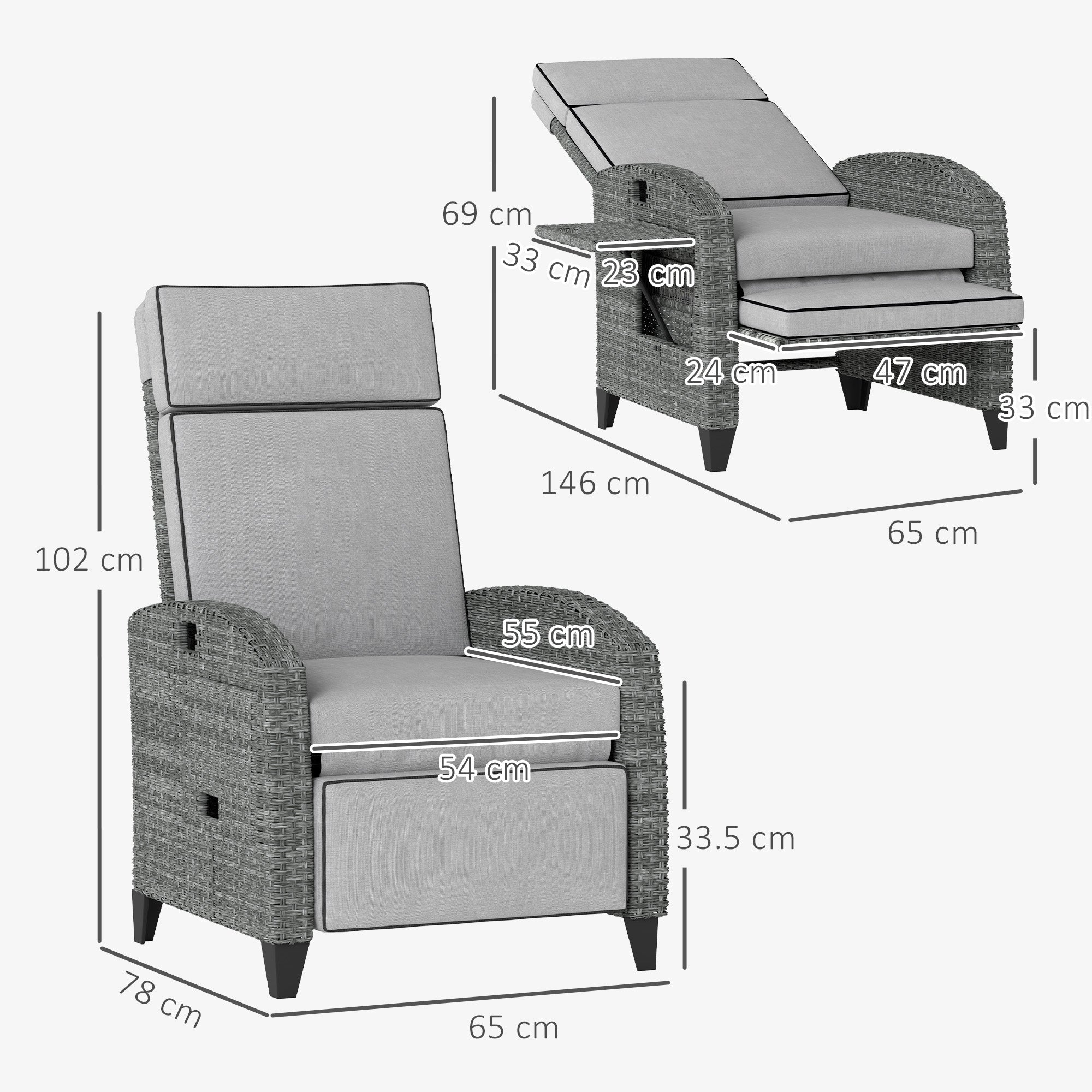 Outsunny Outdoor Rattan Recliner Chair with Cushion and Side Tray