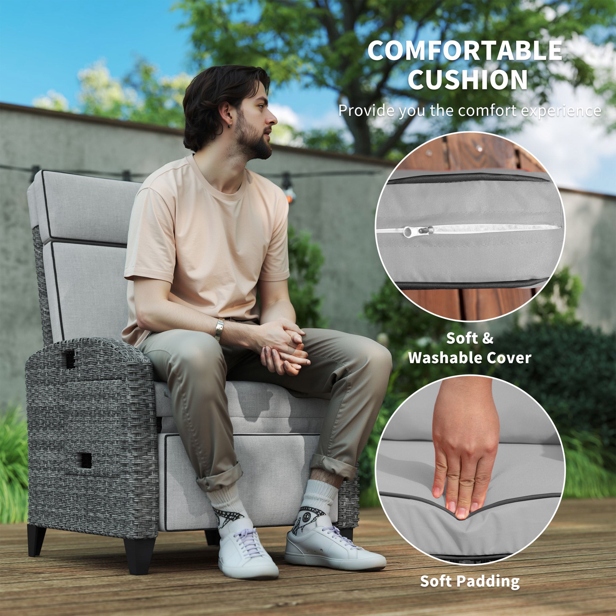 Outsunny Outdoor Rattan Recliner Chair with Cushion and Side Tray