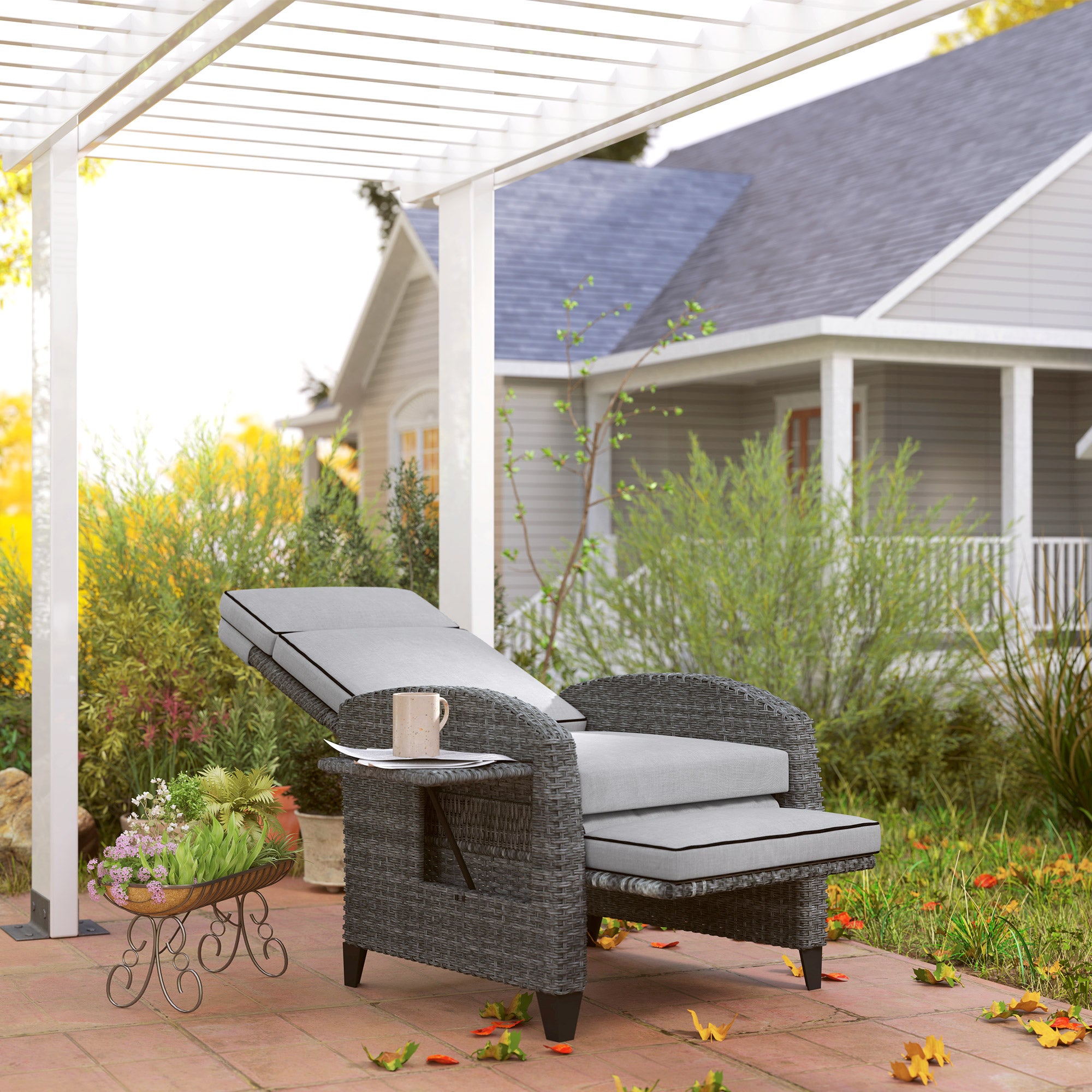Outsunny Outdoor Rattan Recliner Chair with Cushion and Side Tray
