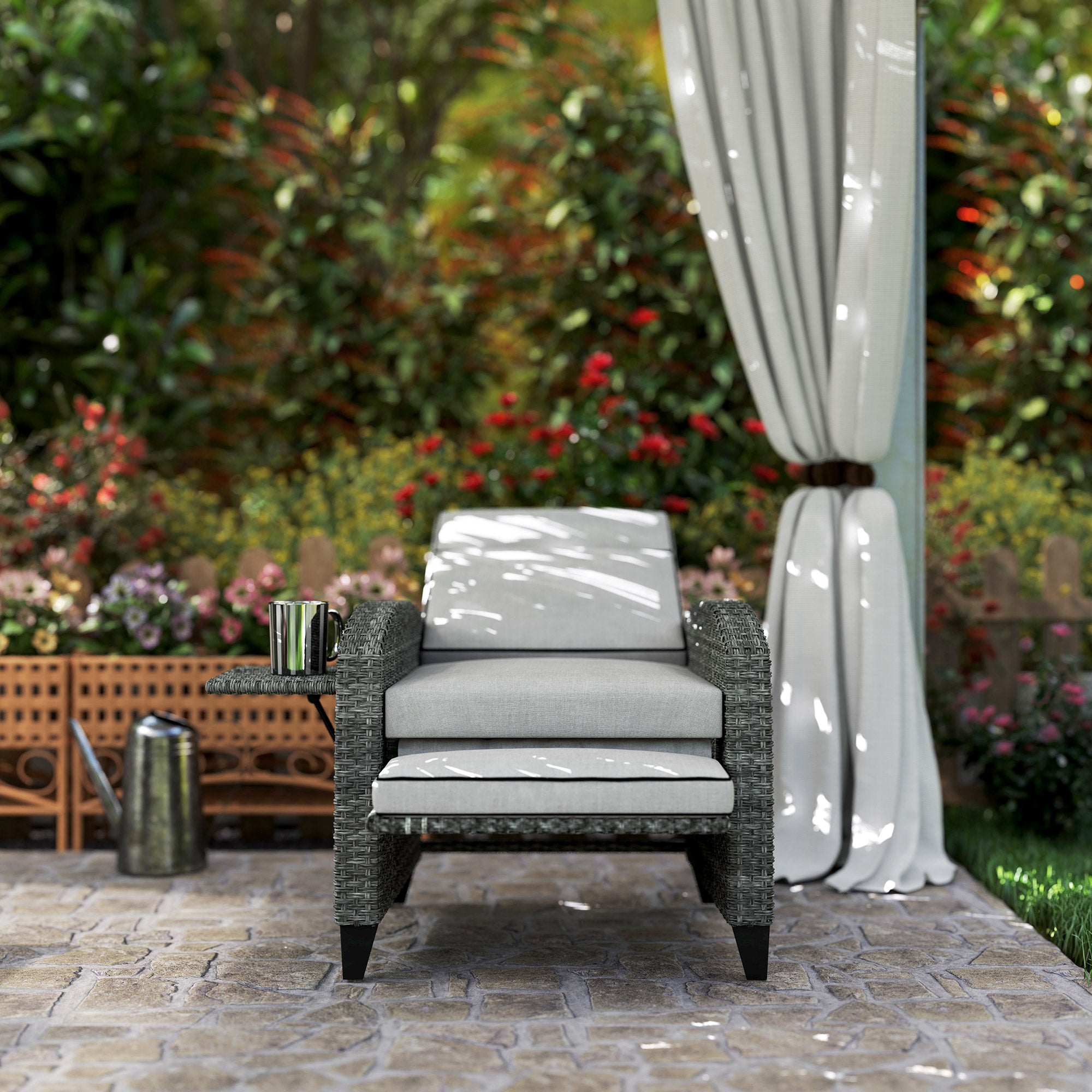 Outsunny Outdoor Rattan Recliner Chair with Cushion and Side Tray