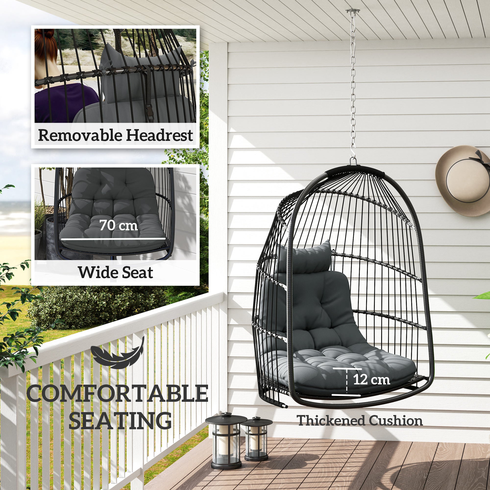 Outsunny Rattan Egg Hanging Chair with Installation Kit, Indoor Outdoor Swing Chair