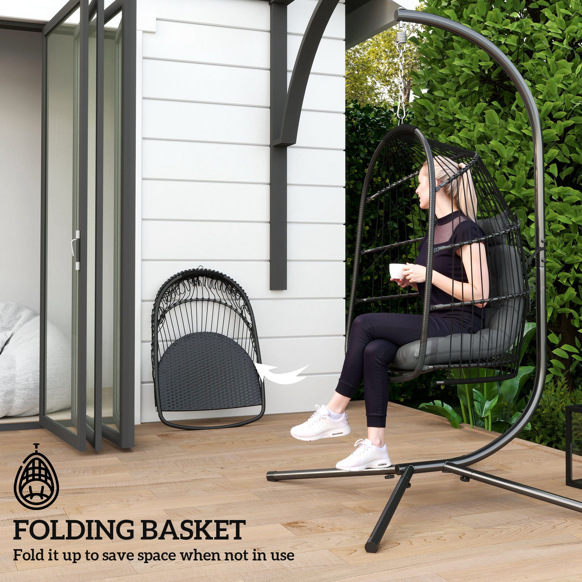 Outsunny Rattan Egg Hanging Chair with Installation Kit, Indoor Outdoor Swing Chair