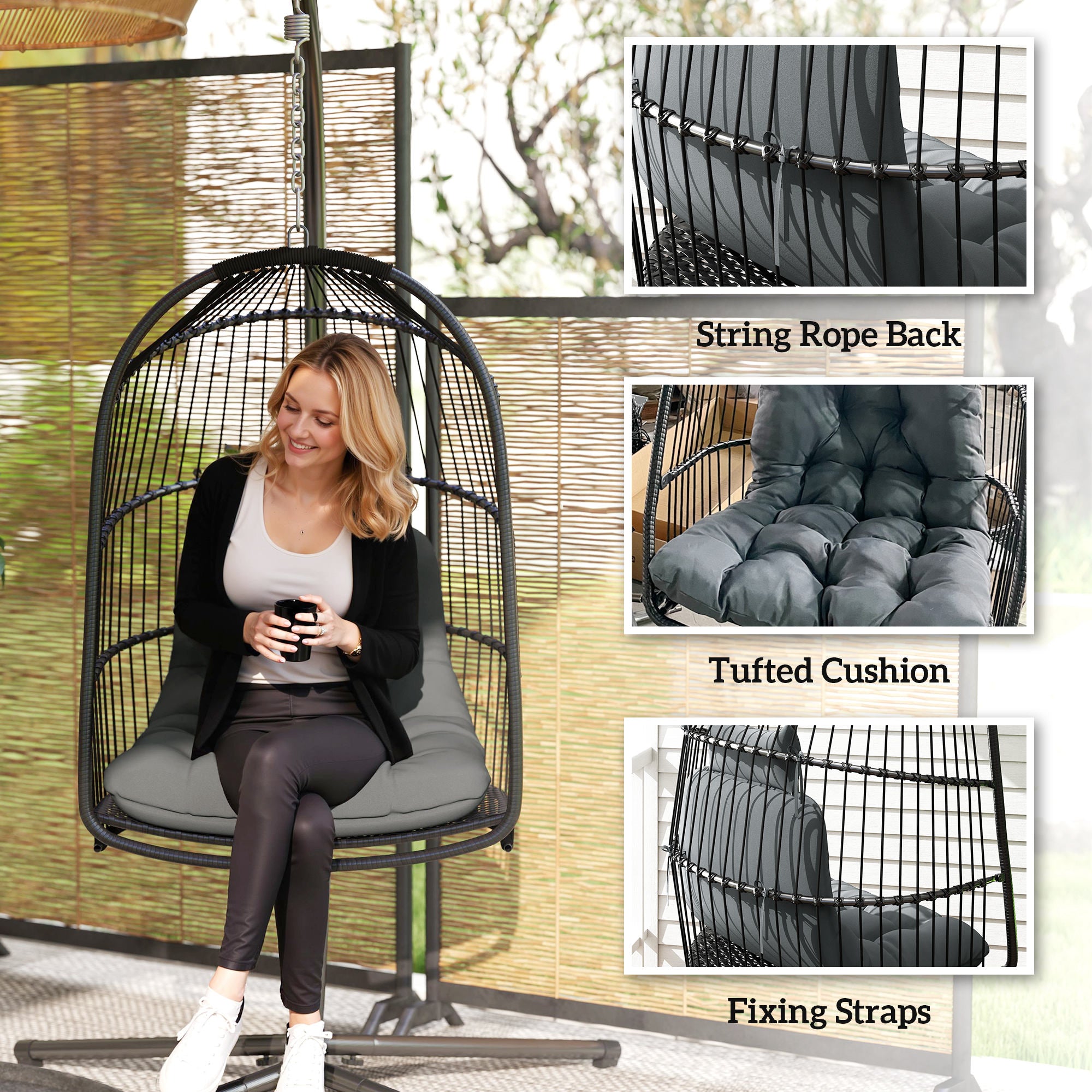 Outsunny Rattan Egg Hanging Chair with Installation Kit, Indoor Outdoor Swing Chair