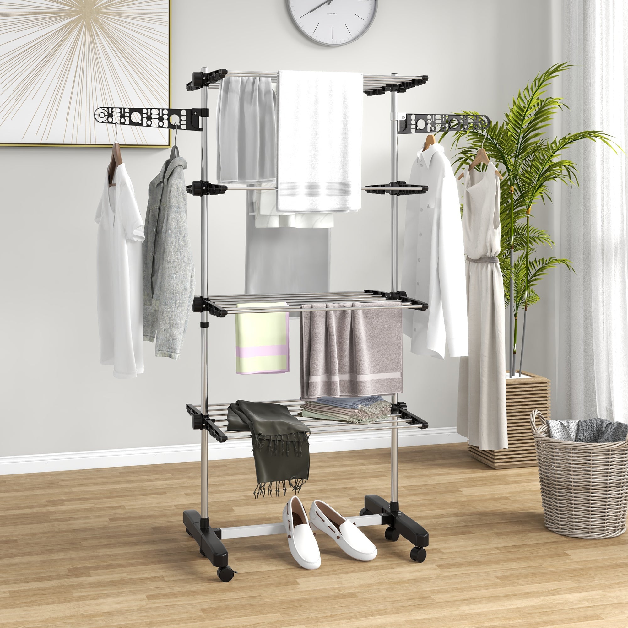 HOMCOM 4-Tier Folding Clothes Drying Rack, Stainless Steel, Wheeled