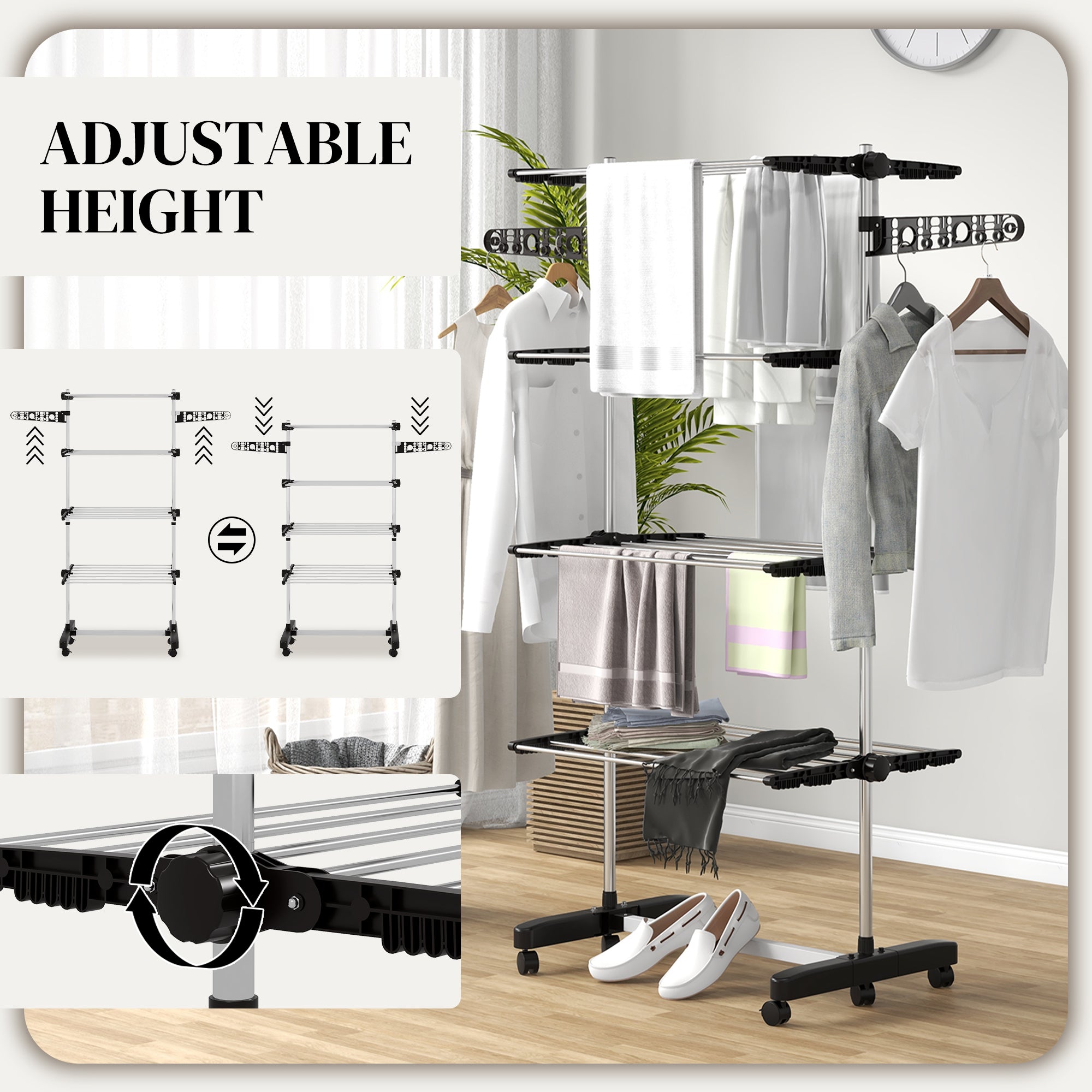 HOMCOM 4-Tier Folding Clothes Drying Rack, Stainless Steel, Wheeled
