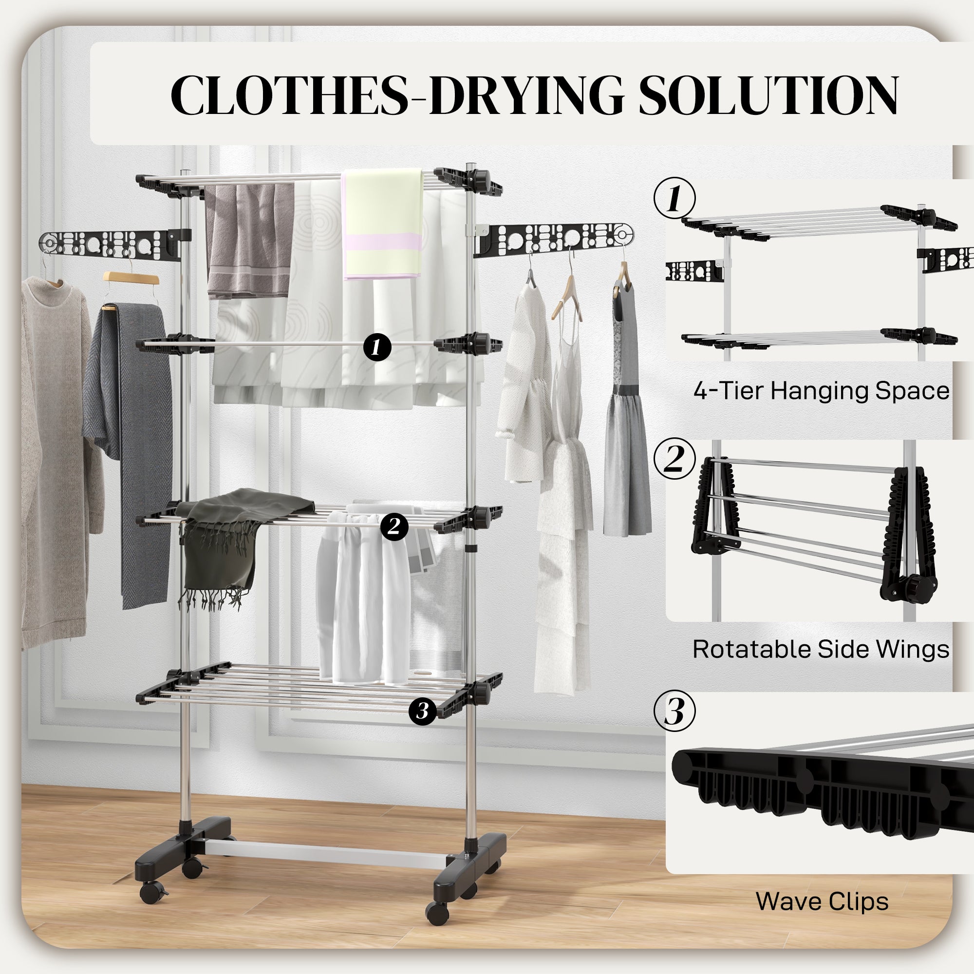 HOMCOM 4-Tier Folding Clothes Drying Rack, Stainless Steel, Wheeled