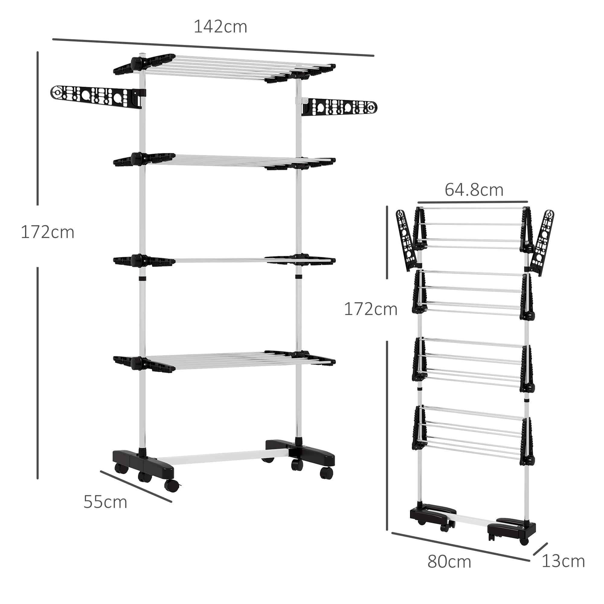 HOMCOM 4-Tier Folding Clothes Drying Rack, Stainless Steel, Wheeled