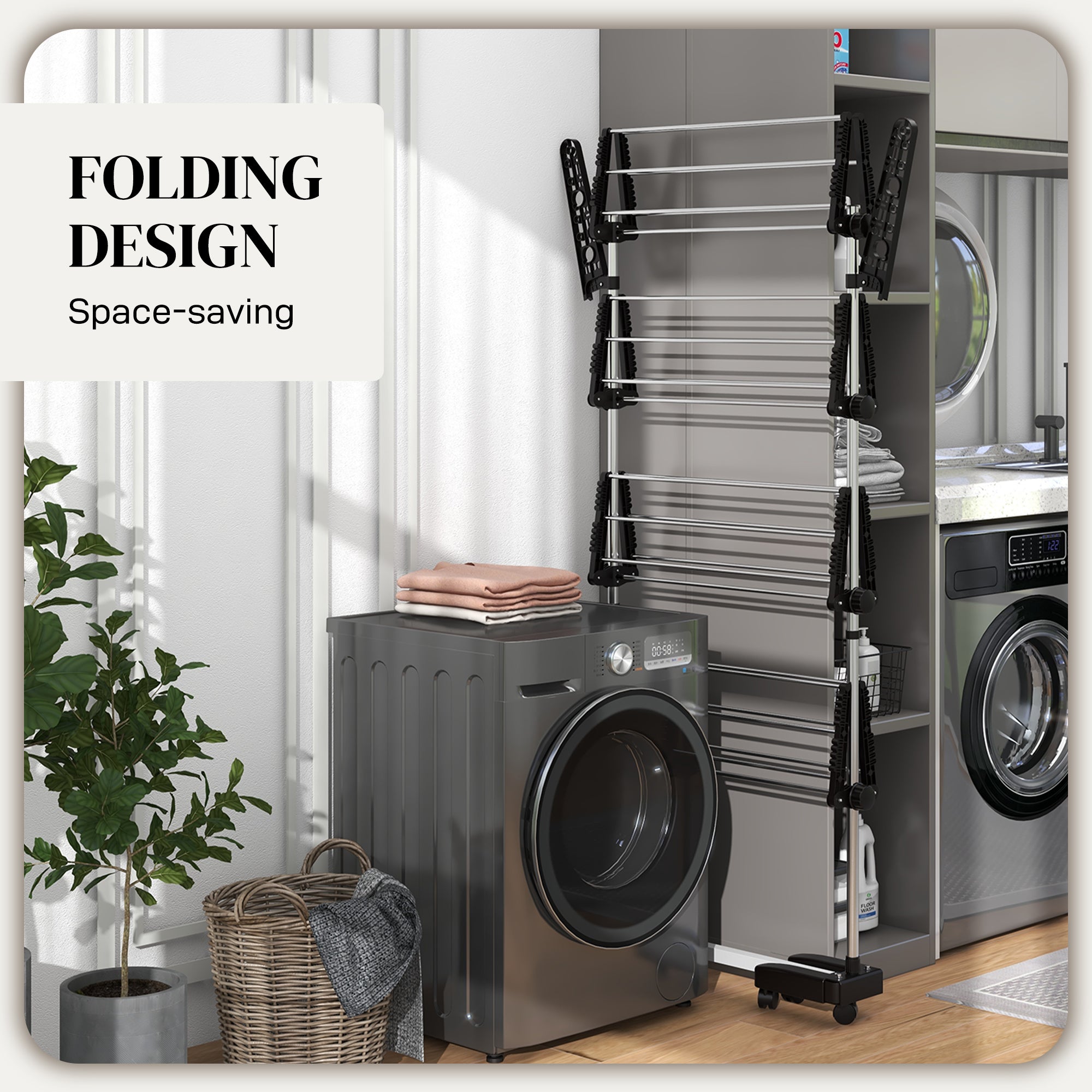 HOMCOM 4-Tier Folding Clothes Drying Rack, Stainless Steel, Wheeled