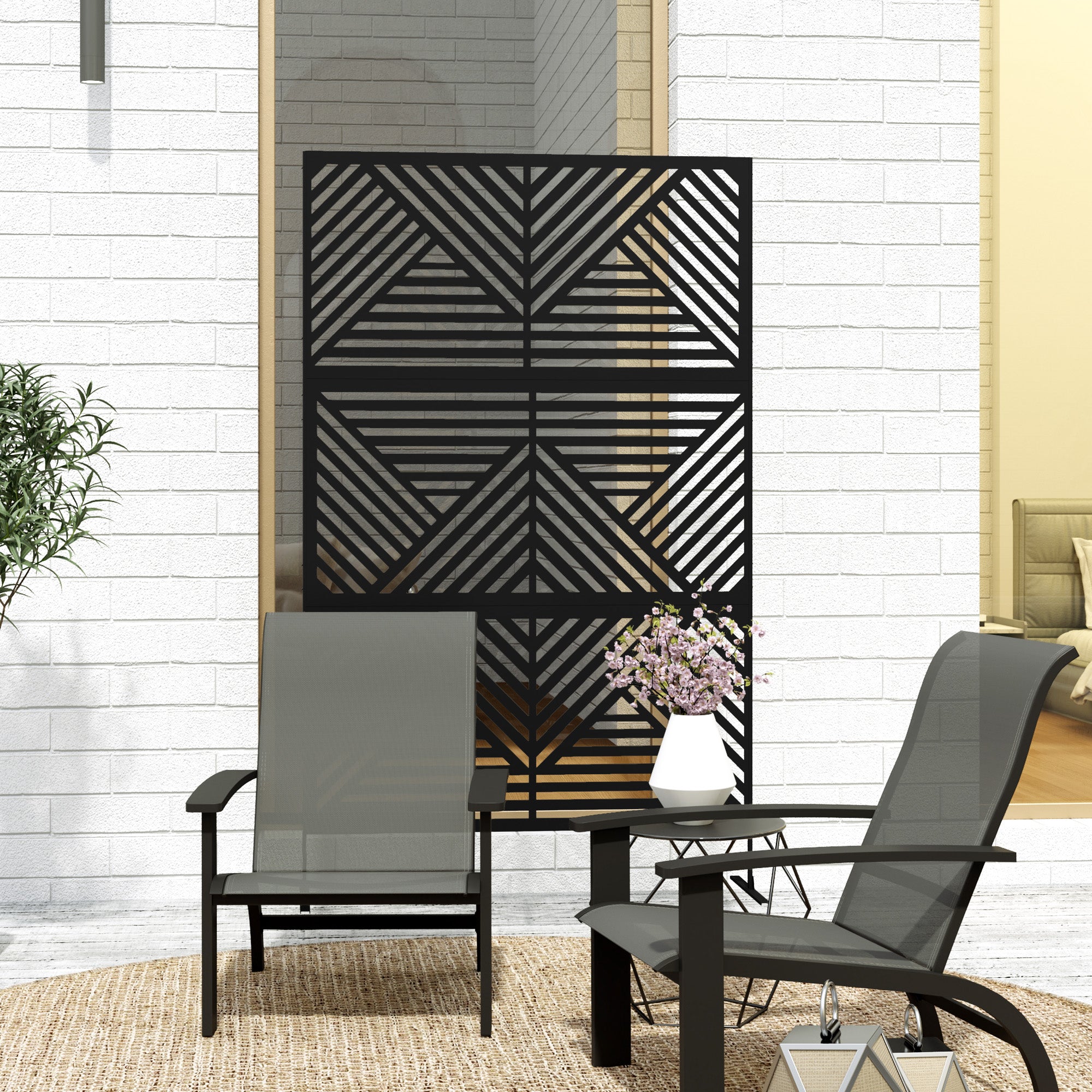 Outsunny Rhombus Black Steel Outdoor Divider Screen with Stand