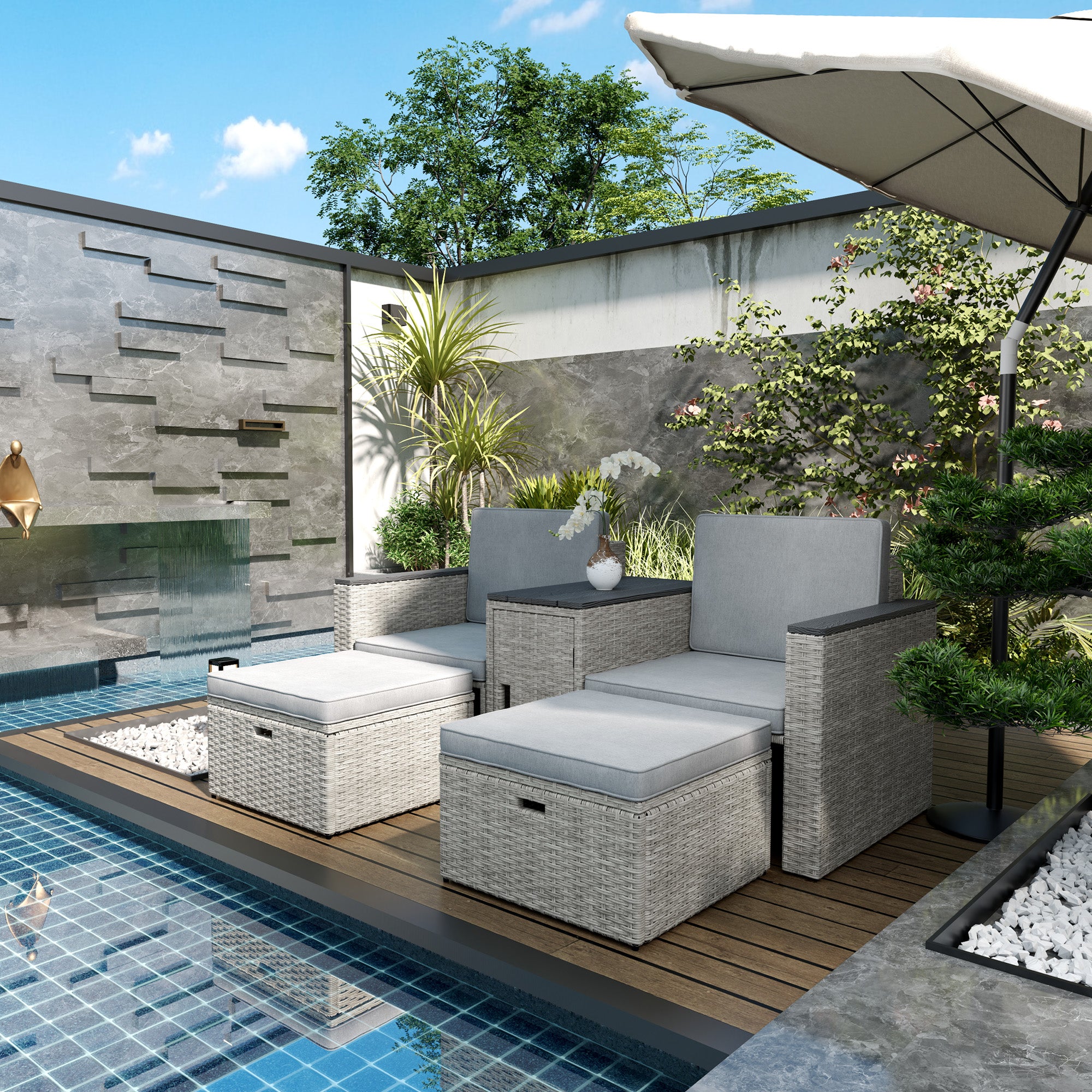 Outsunny 5 Piece Rattan Garden Furniture Set with Storage Table, Grey