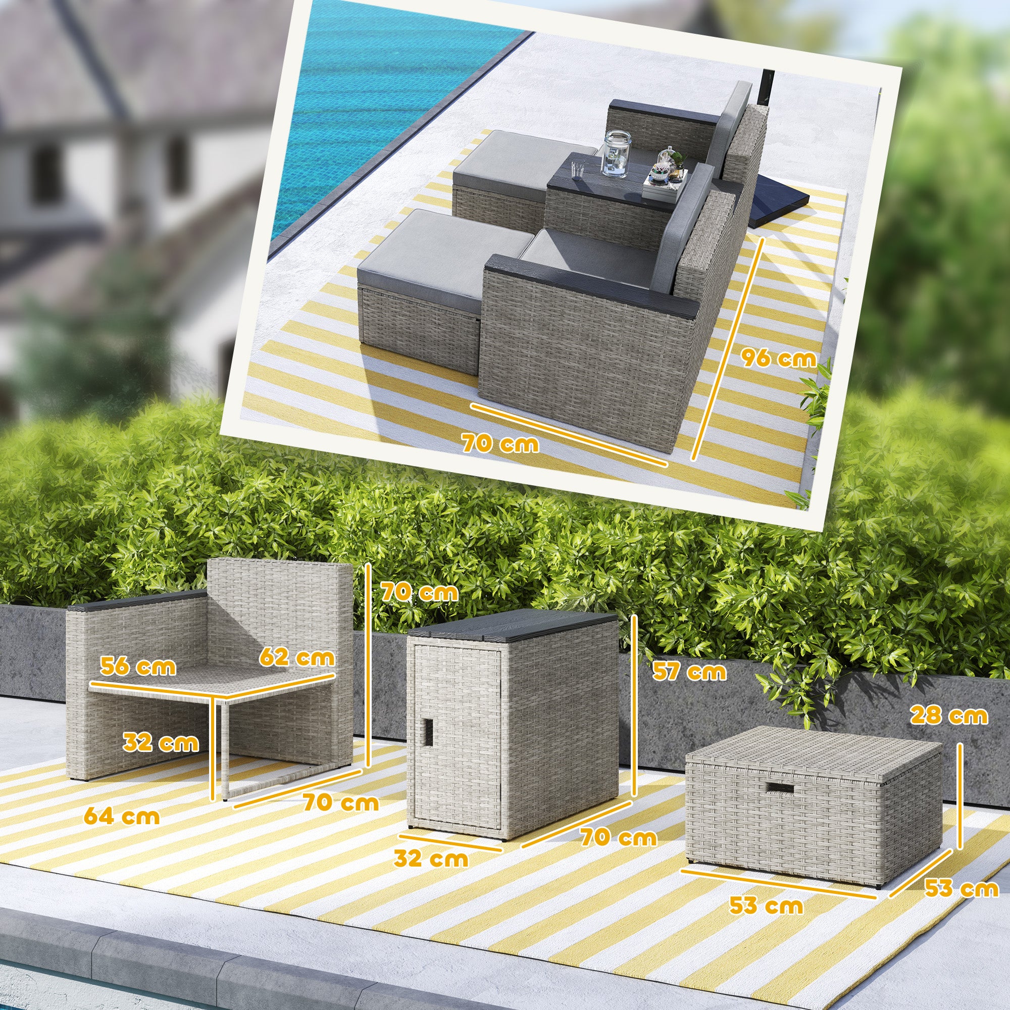 Outsunny 5 Piece Rattan Garden Furniture Set with Storage Table, Grey