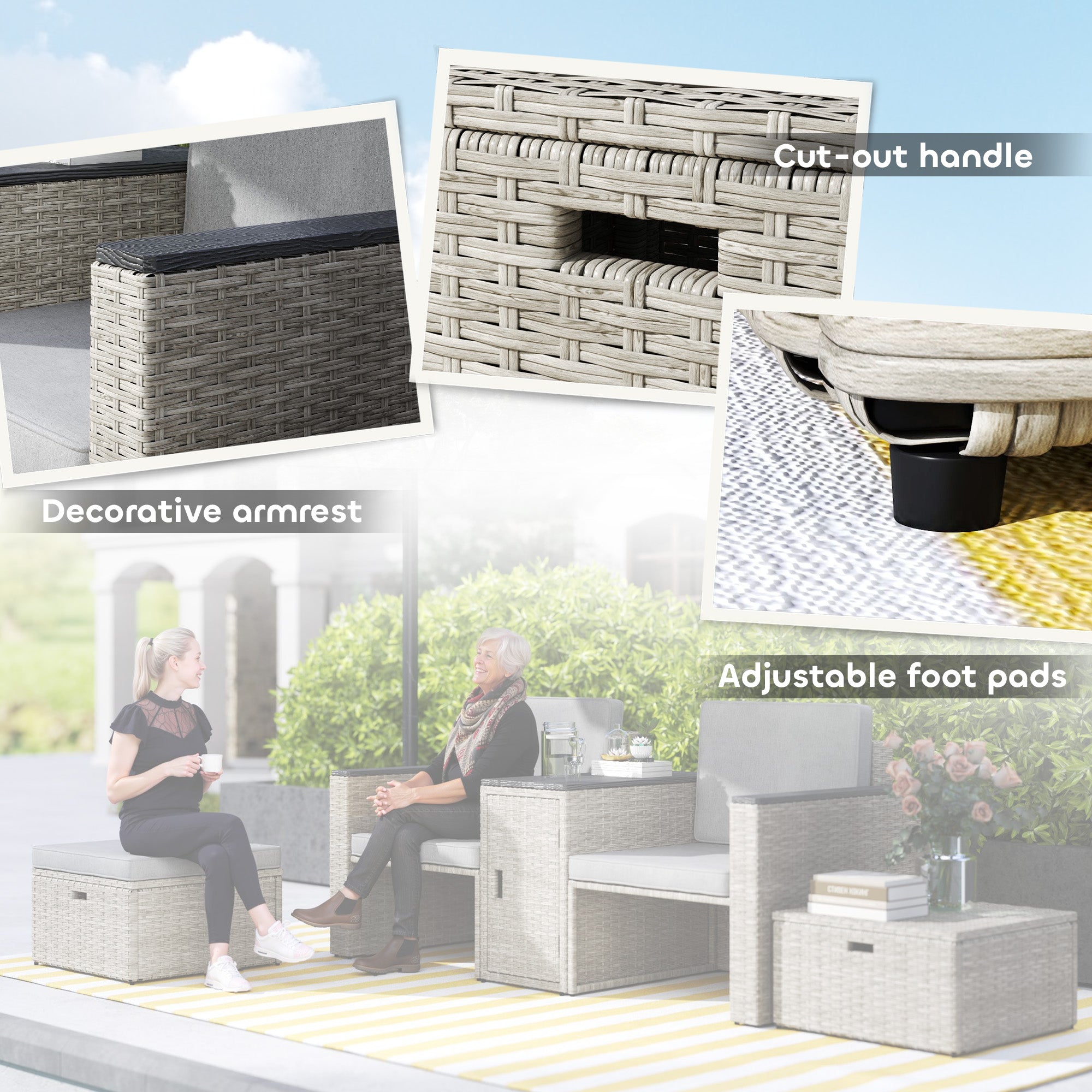 Outsunny 5 Piece Rattan Garden Furniture Set with Storage Table, Grey
