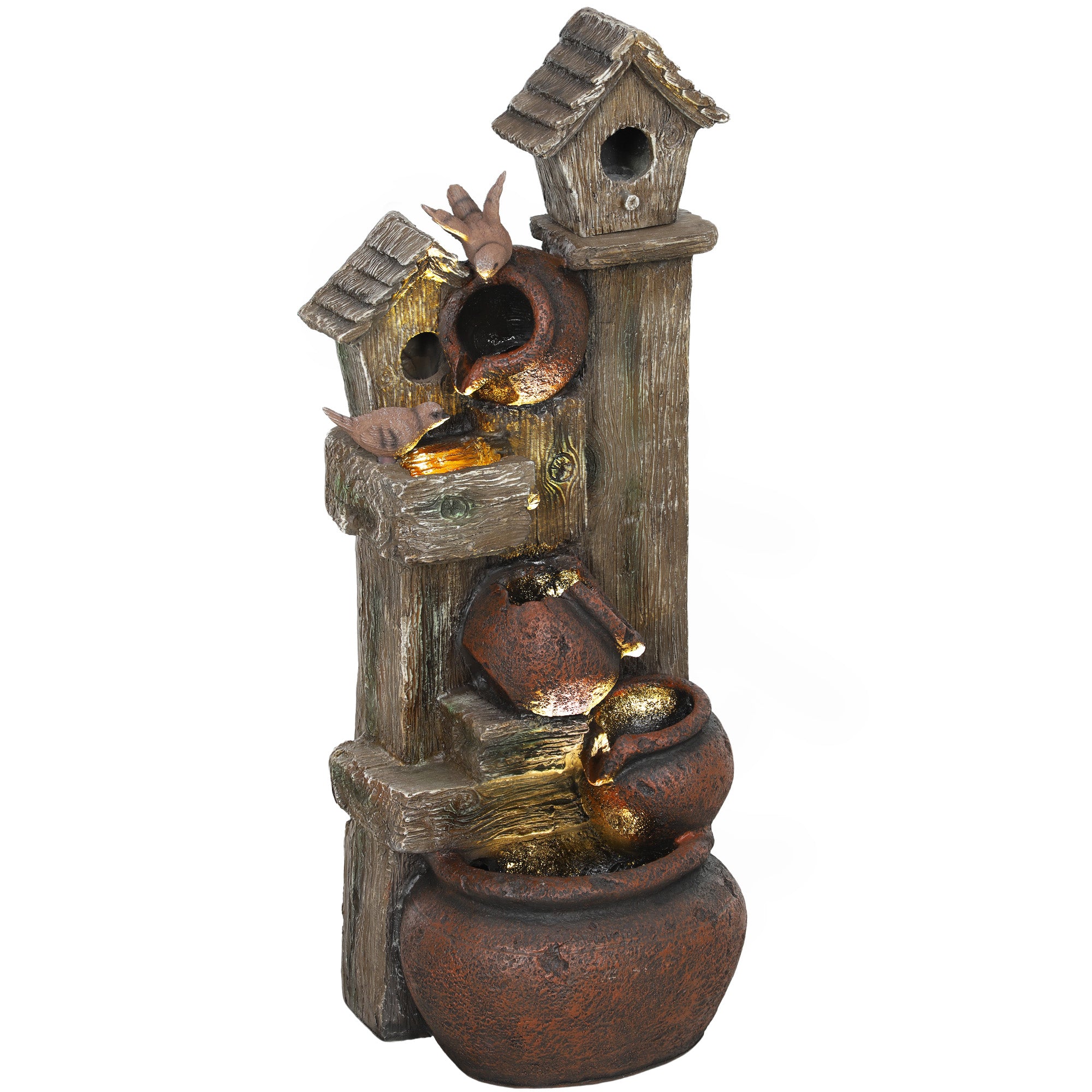 Outsunny 2-in-1 Outdoor Waterfall Fountain with Birdhouse and LED Lights