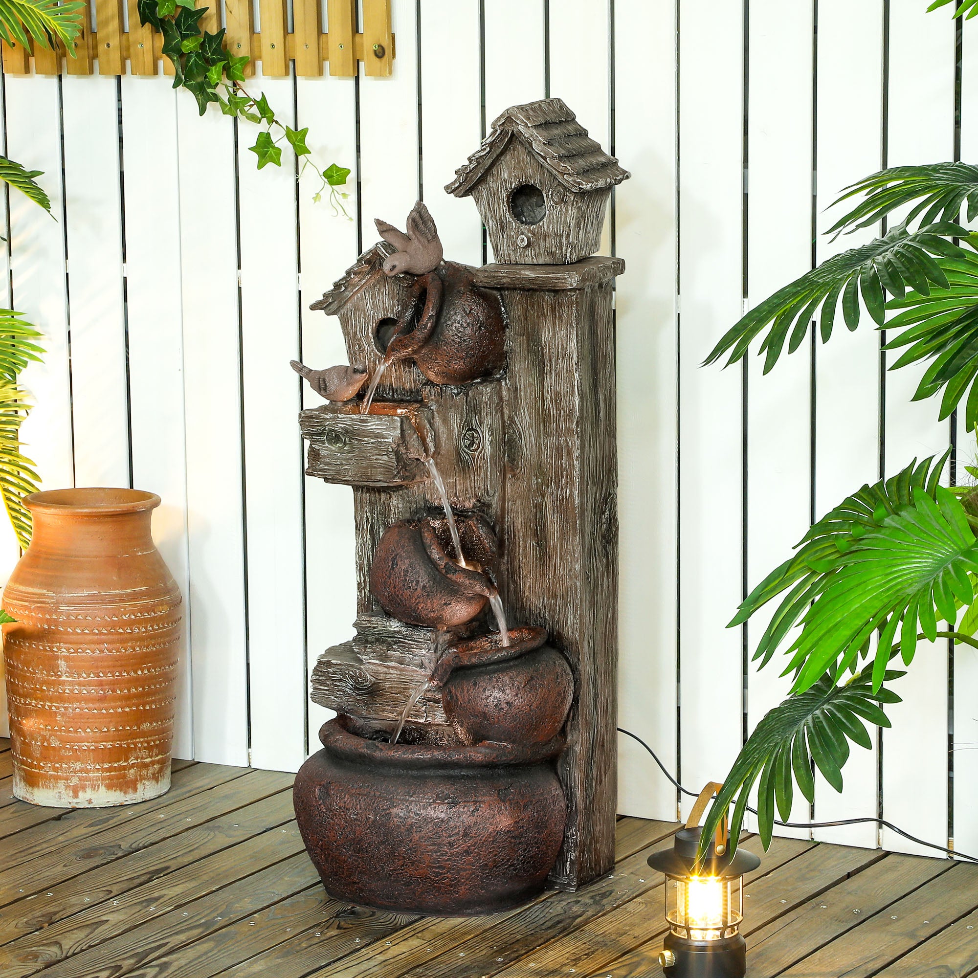 Outsunny 2-in-1 Outdoor Waterfall Fountain with Birdhouse and LED Lights
