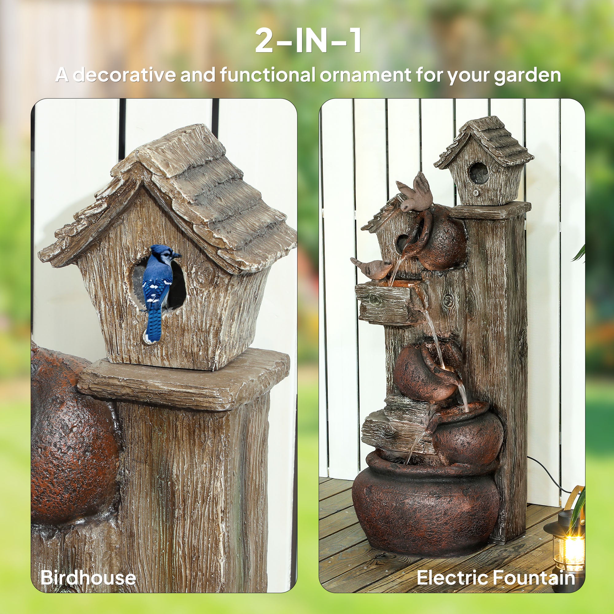 Outsunny 2-in-1 Outdoor Waterfall Fountain with Birdhouse and LED Lights