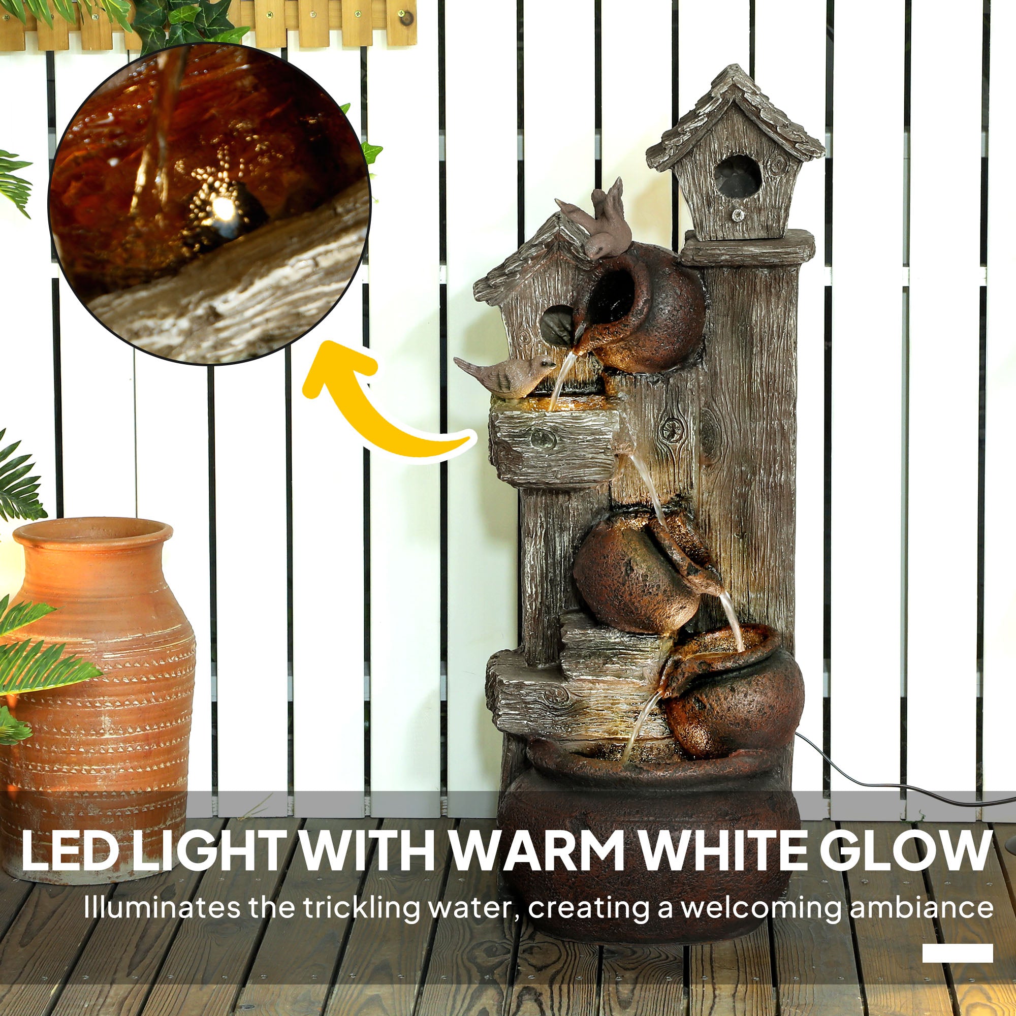 Outsunny 2-in-1 Outdoor Waterfall Fountain with Birdhouse and LED Lights