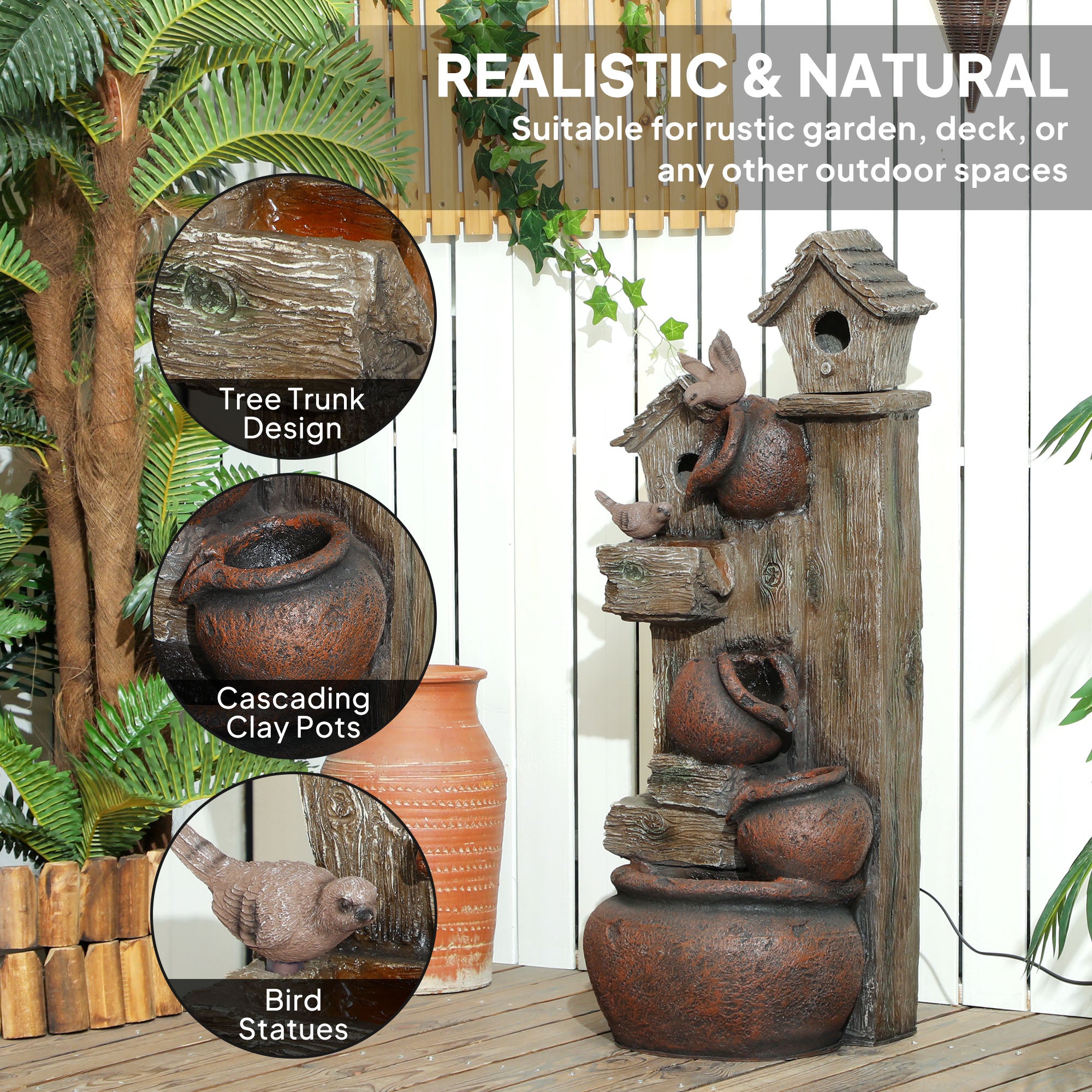 Outsunny 2-in-1 Outdoor Waterfall Fountain with Birdhouse and LED Lights