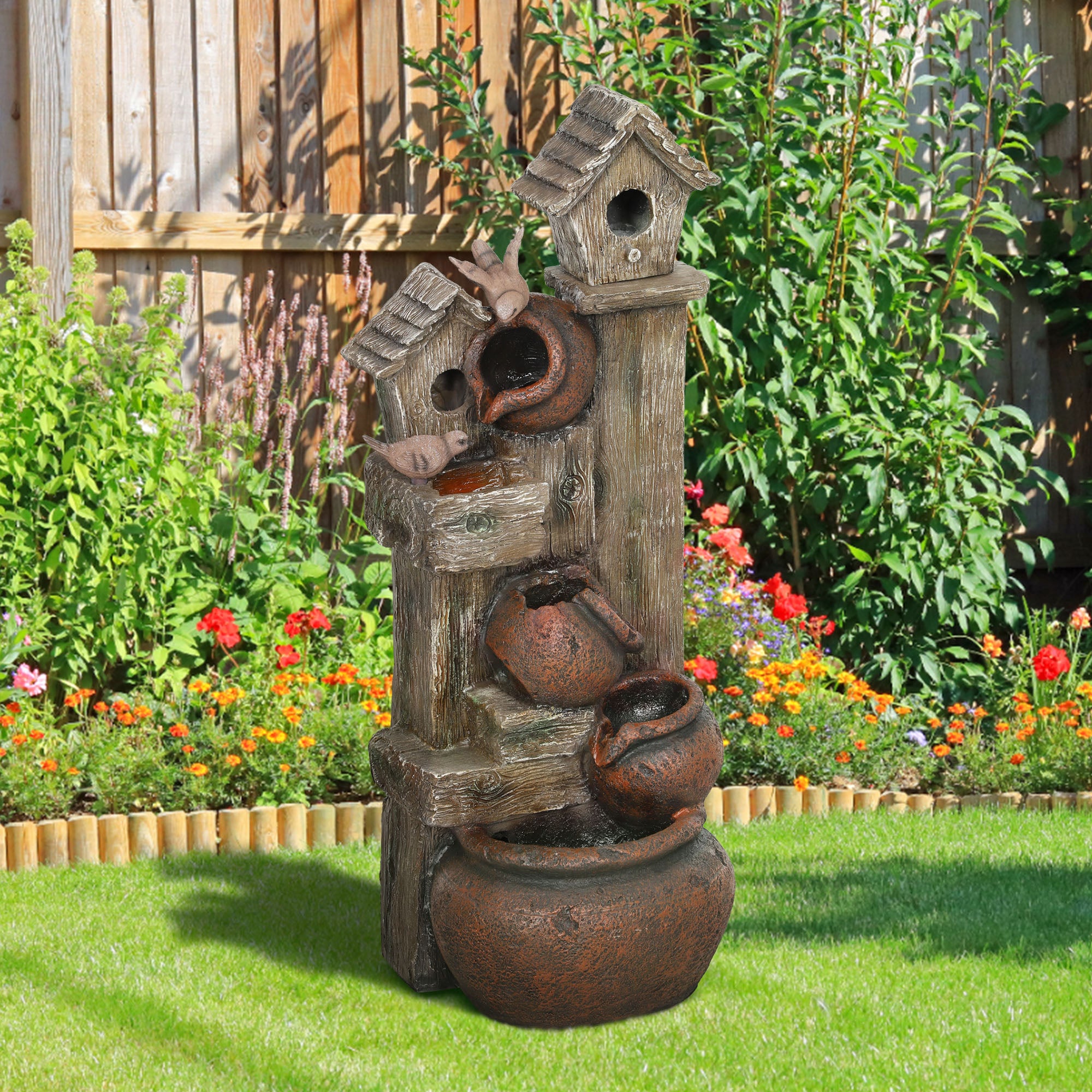 Outsunny 2-in-1 Outdoor Waterfall Fountain with Birdhouse and LED Lights