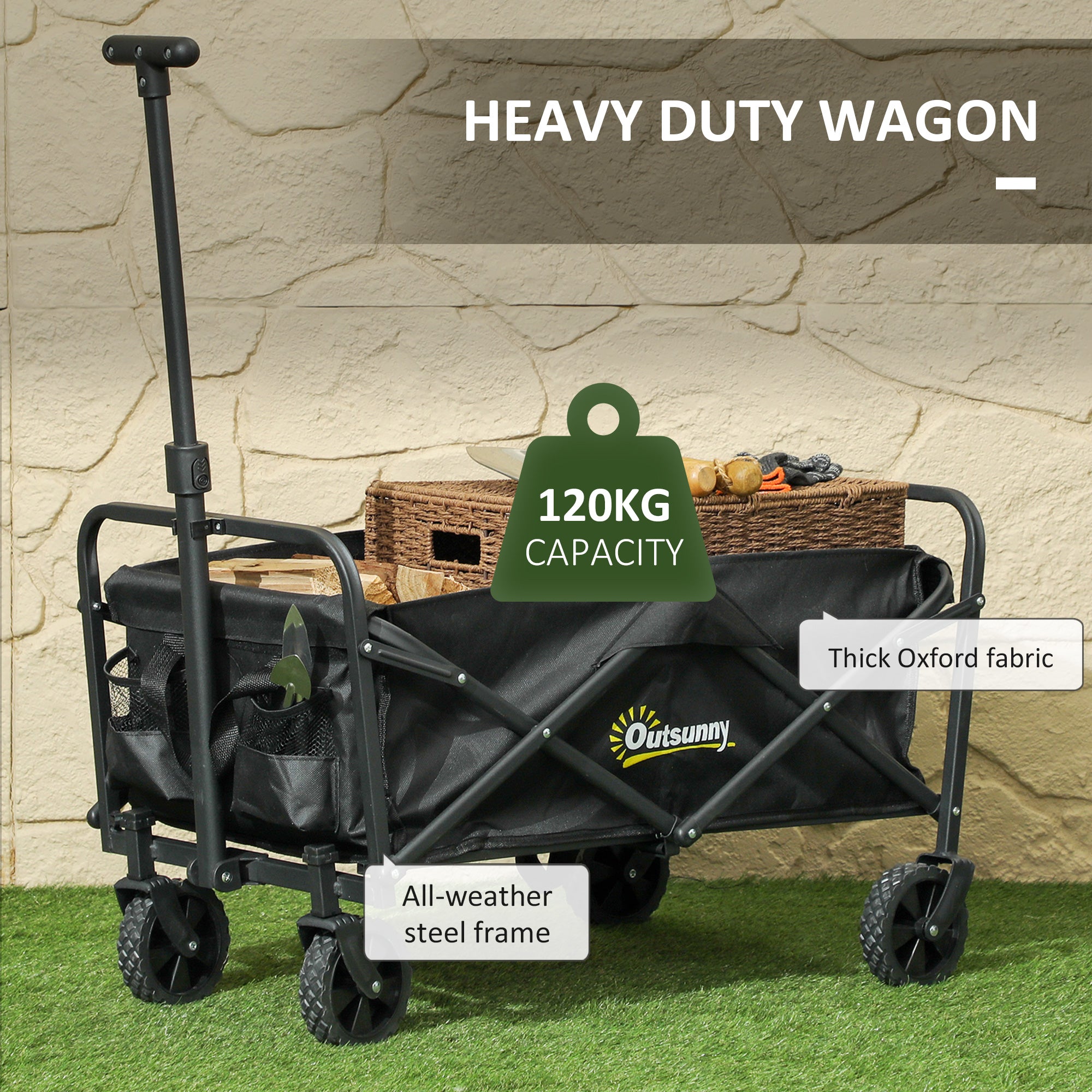 Outsunny 62L Folding Festival Trolley Cart, 120kg Capacity, Black
