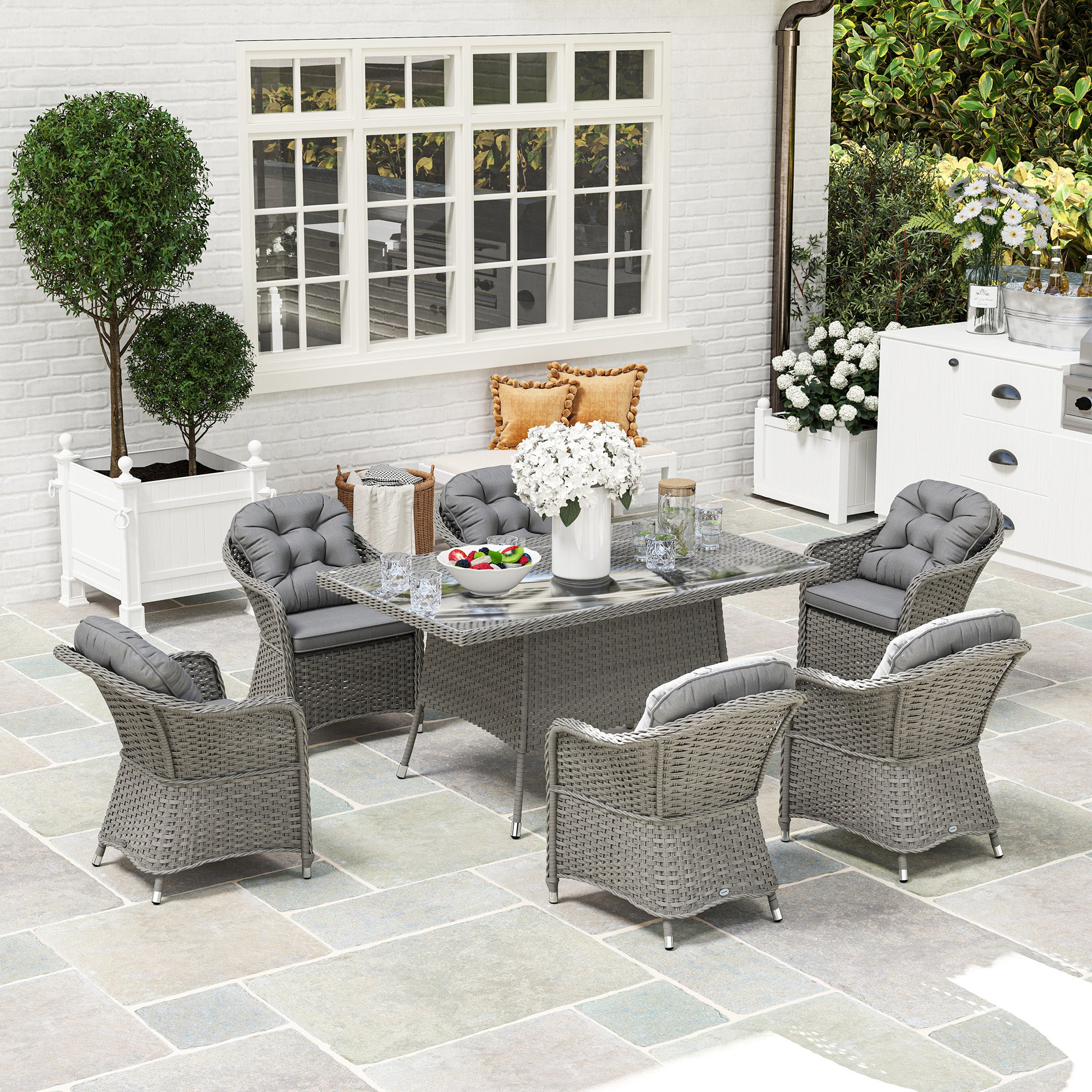 Outsunny 6-Seater Garden Dining Set with Cushions, Glass Table
