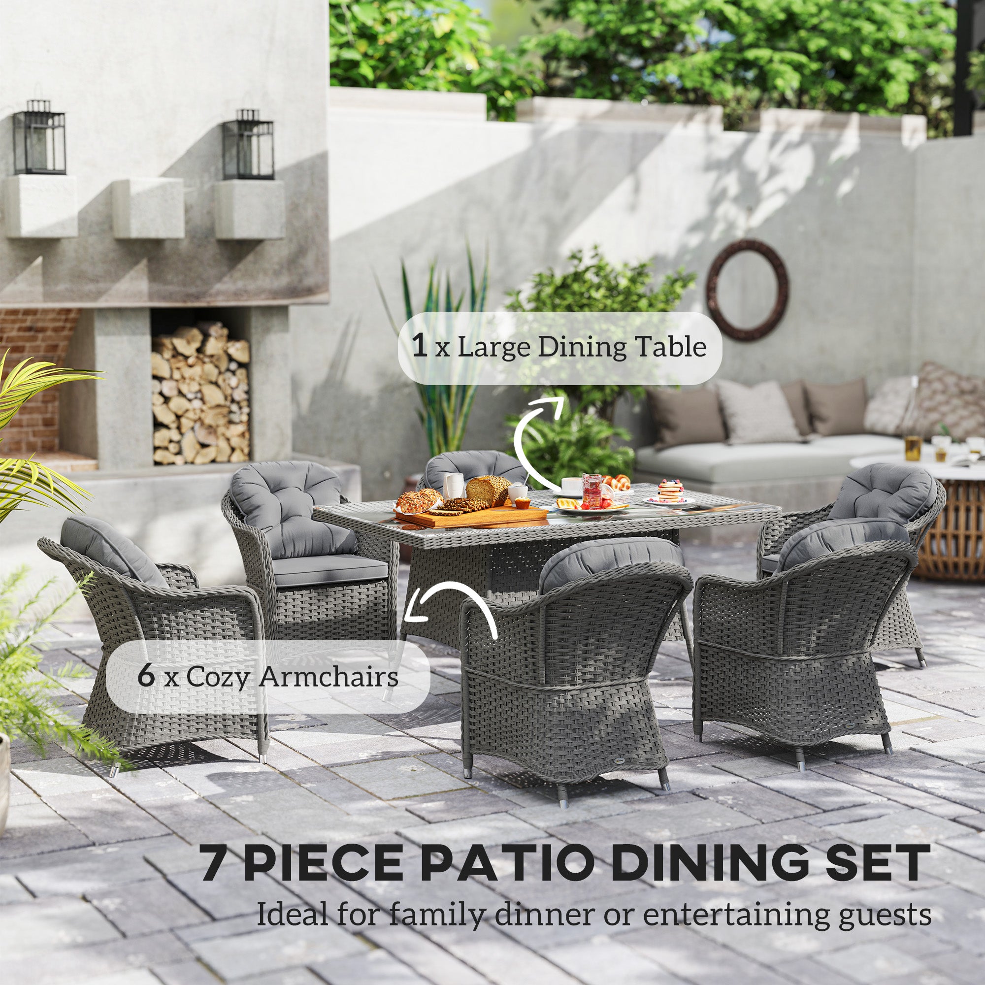 Outsunny 6-Seater Garden Dining Set with Cushions, Glass Table