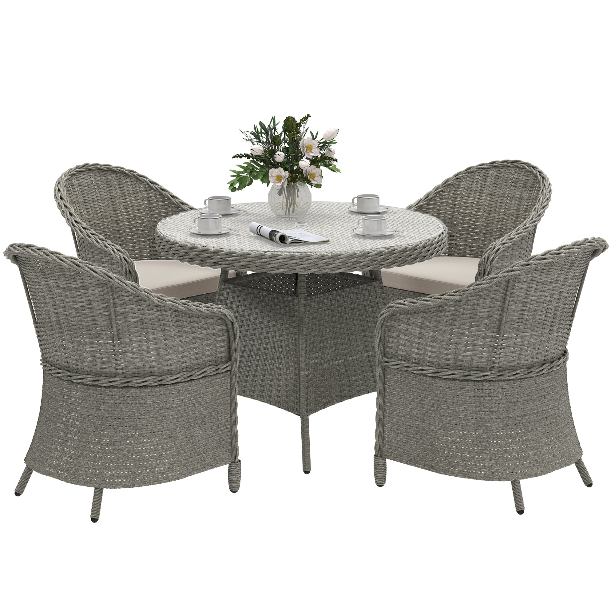 Outsunny 5-Piece Grey Rattan Dining Set for 4 with Cushions, Umbrella Hole