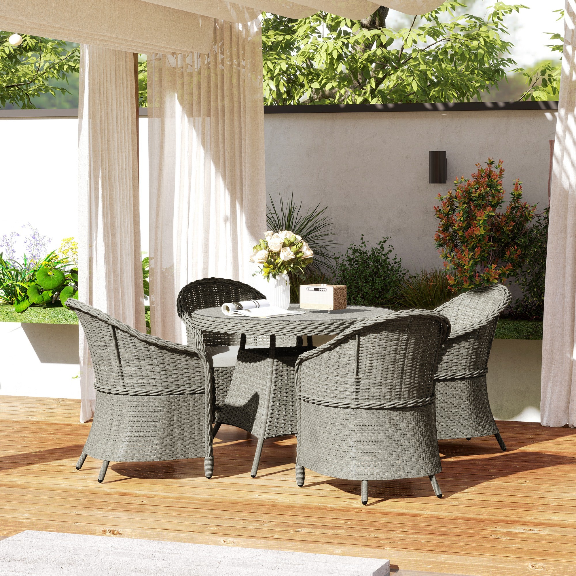Outsunny 5-Piece Grey Rattan Dining Set for 4 with Cushions, Umbrella Hole