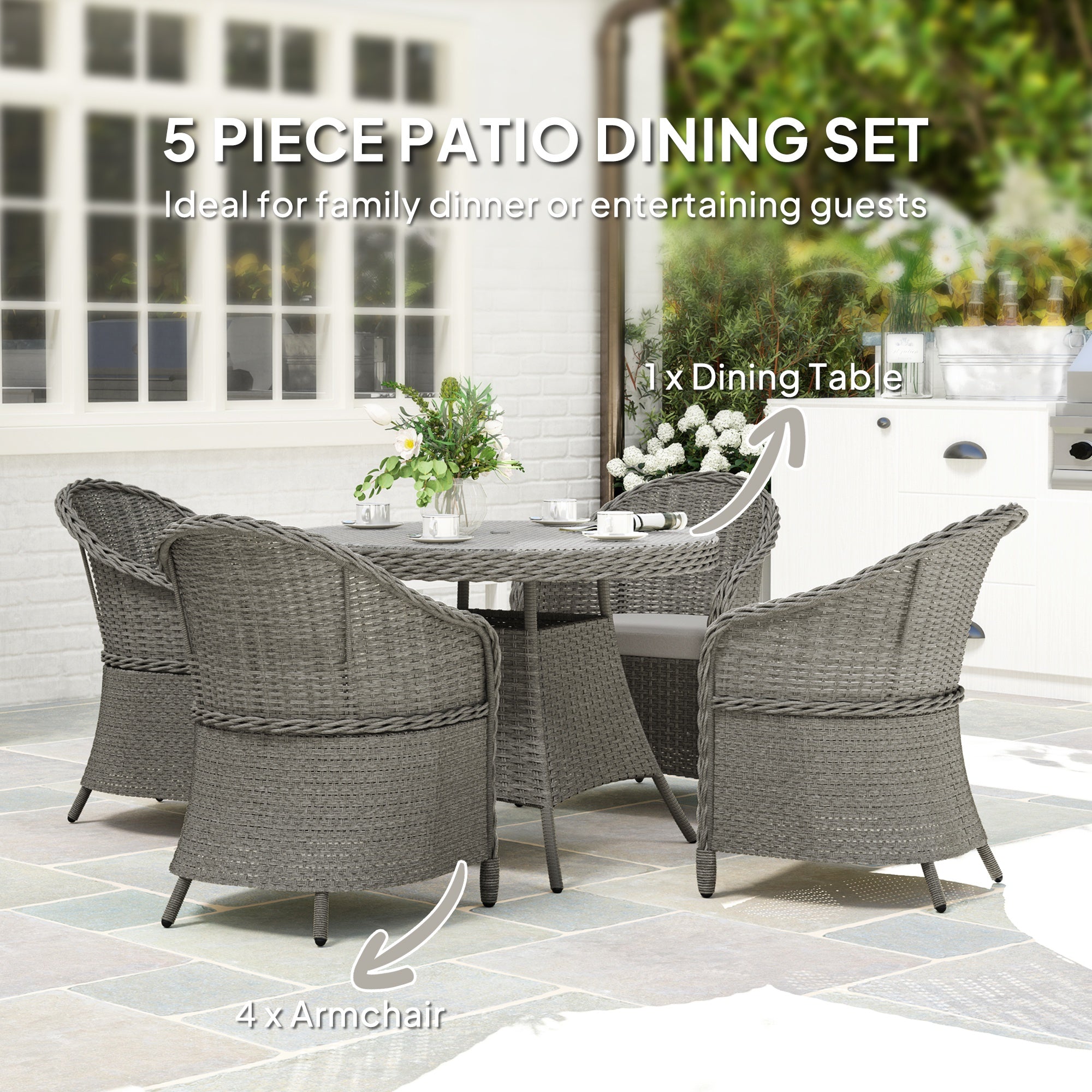 Outsunny 5-Piece Grey Rattan Dining Set for 4 with Cushions, Umbrella Hole