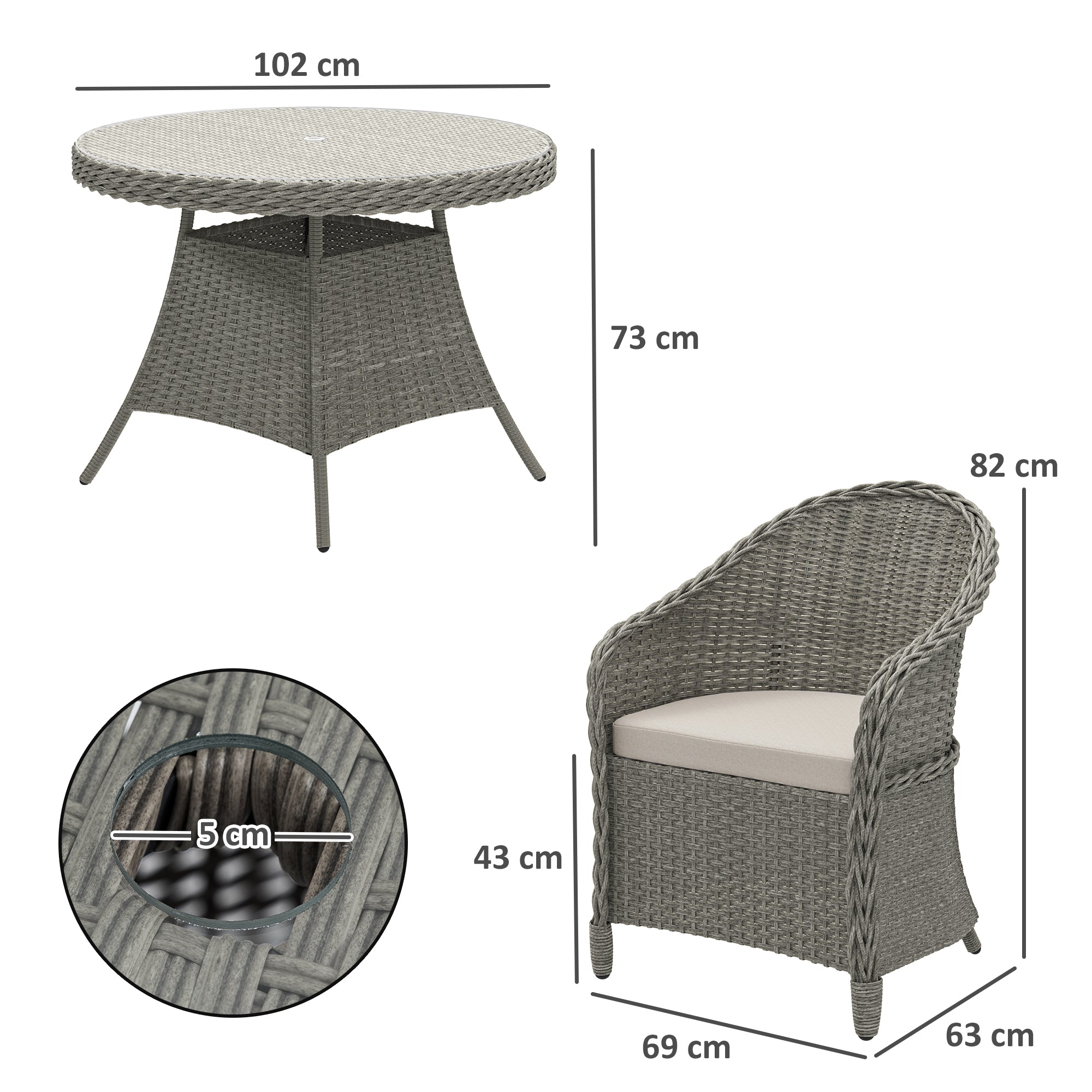 Outsunny 5-Piece Grey Rattan Dining Set for 4 with Cushions, Umbrella Hole