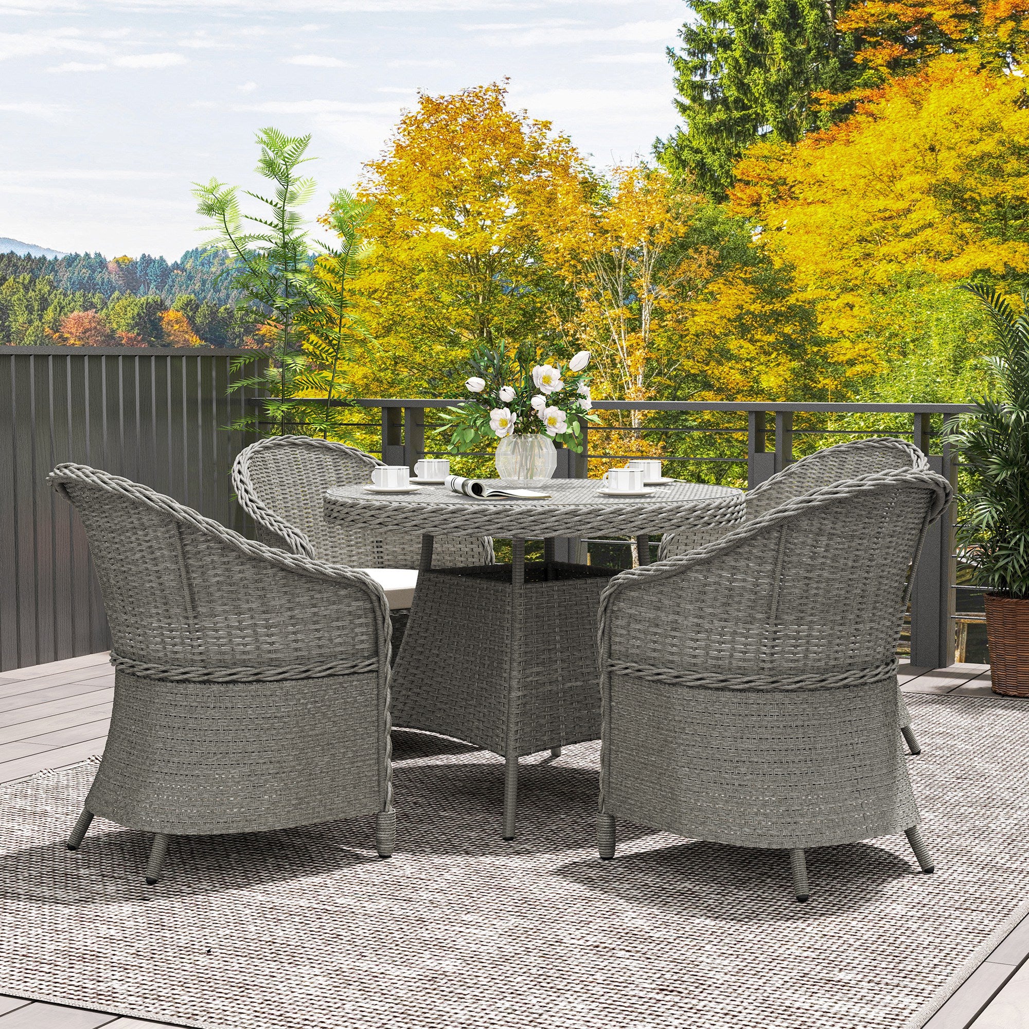 Outsunny 5-Piece Grey Rattan Dining Set for 4 with Cushions, Umbrella Hole