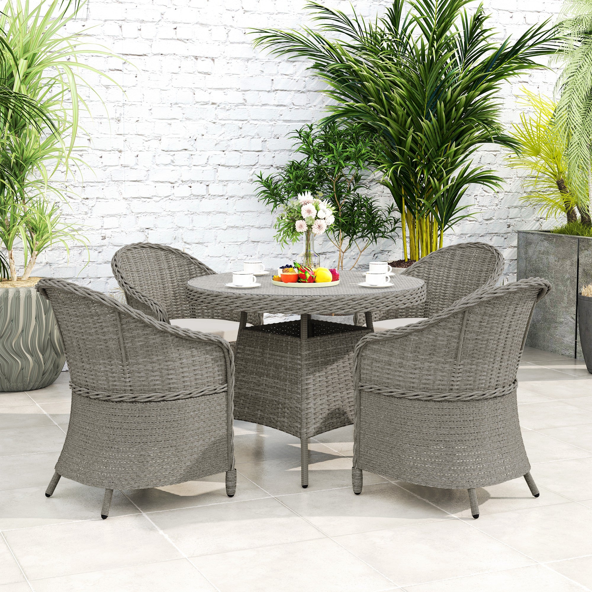 Outsunny 5-Piece Grey Rattan Dining Set for 4 with Cushions, Umbrella Hole