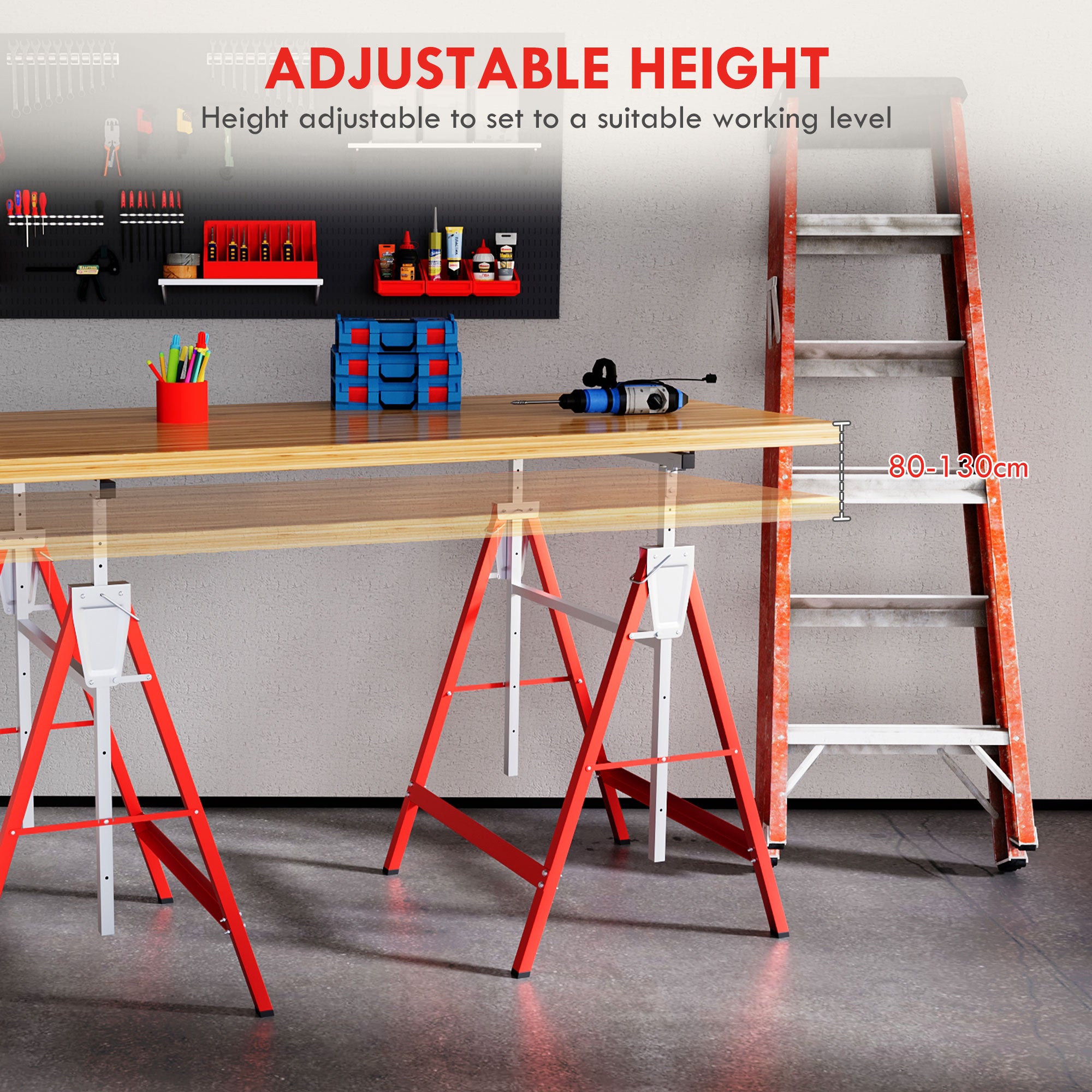 HOMCOM Set of 2 Adjustable Steel Saw Horses, Folding, Red