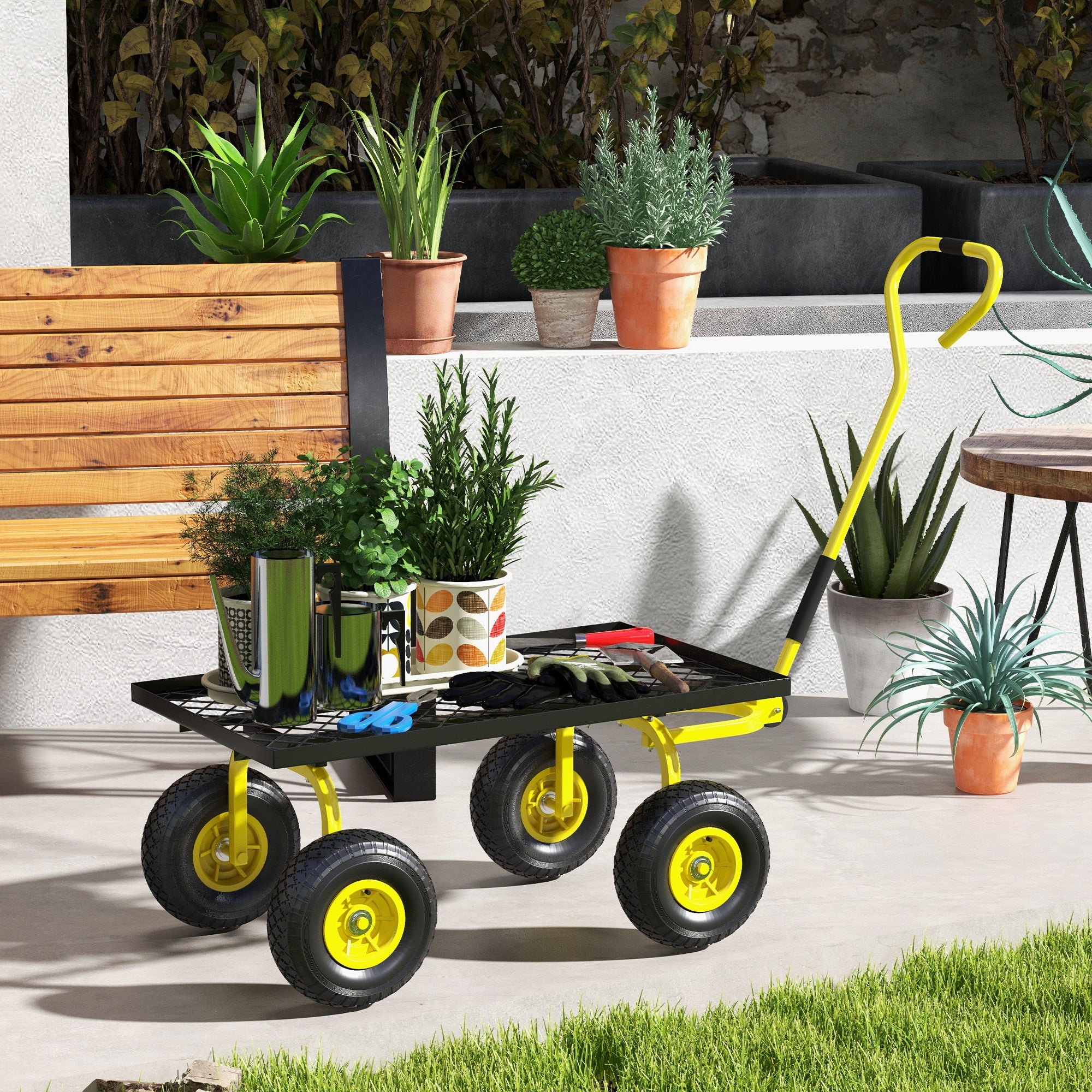 Outsunny Steel Garden Trolley Cart, 150kg, Pneumatic Wheels