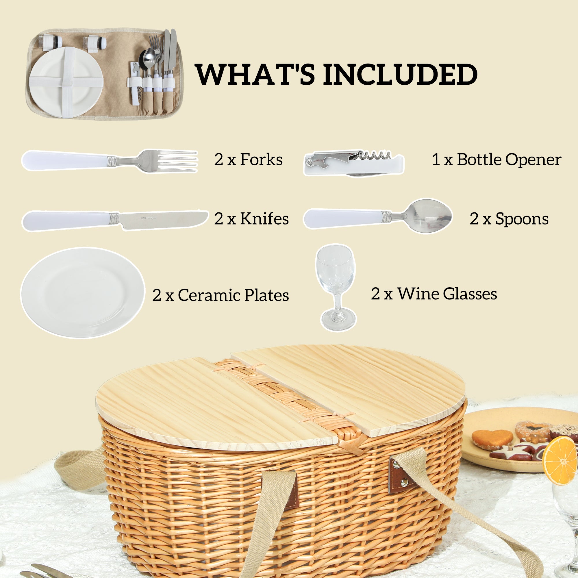 Outsunny Wicker Picnic Basket for 2 with Insulated Cooler Bag and Pine Wood Lid