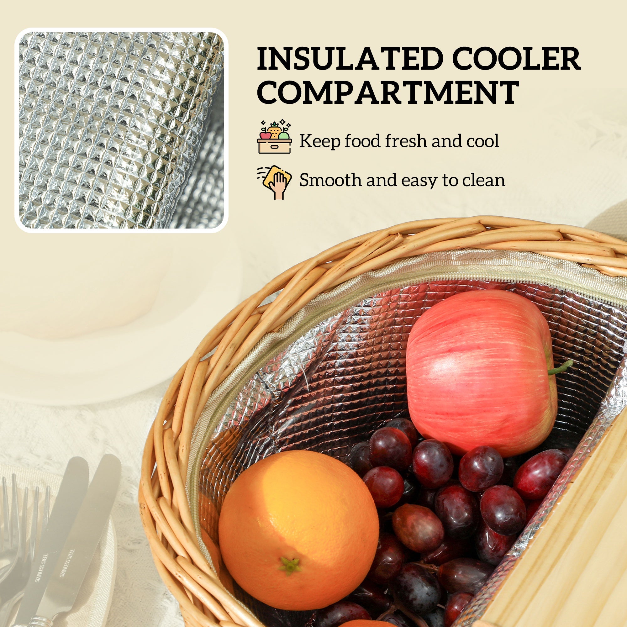 Outsunny Wicker Picnic Basket for 2 with Insulated Cooler Bag and Pine Wood Lid