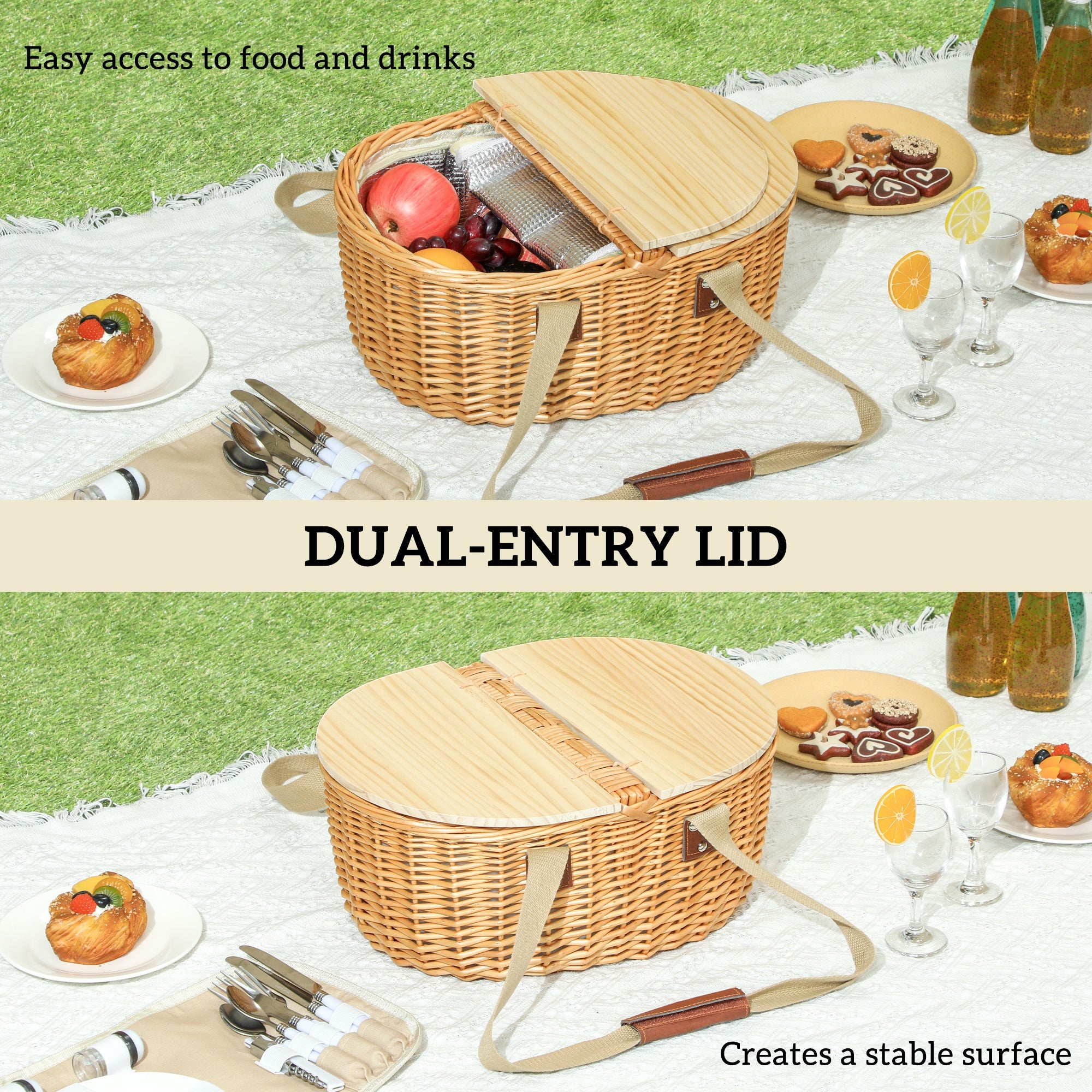 Outsunny Wicker Picnic Basket for 2 with Insulated Cooler Bag and Pine Wood Lid
