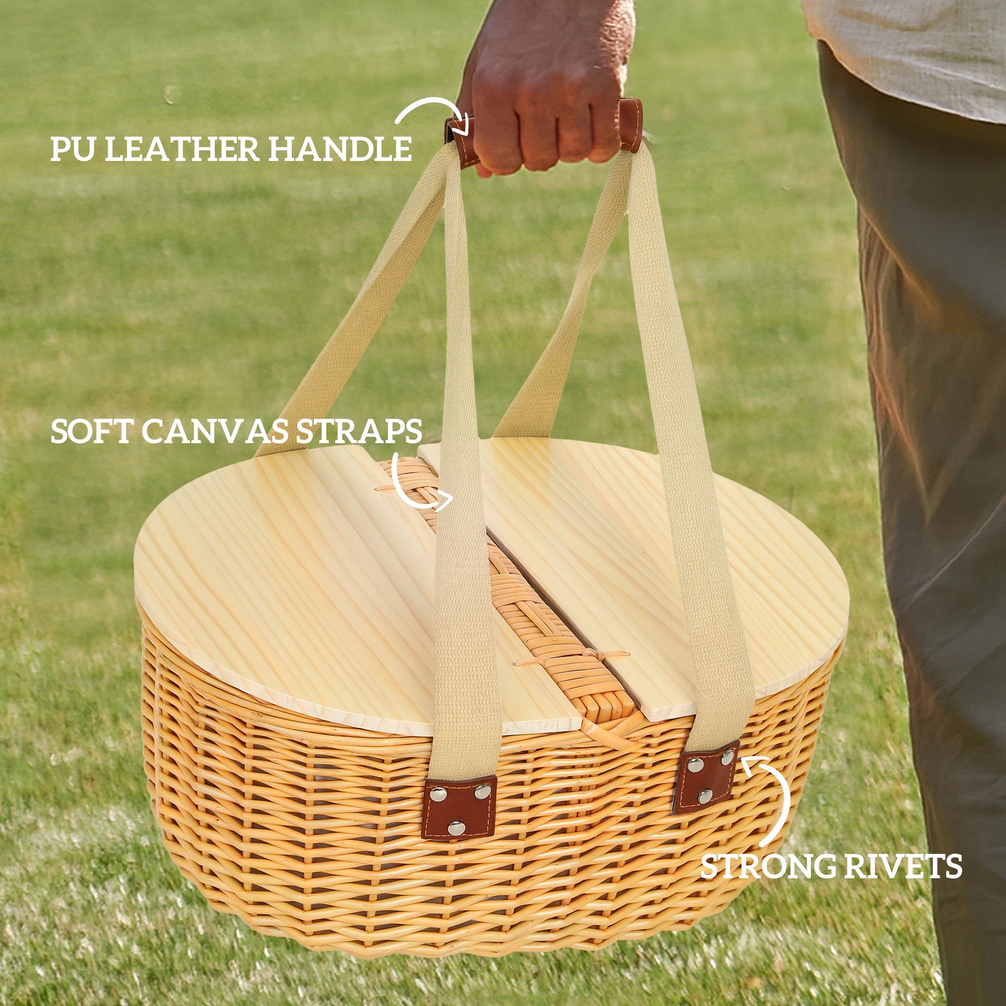 Outsunny Wicker Picnic Basket for 2 with Insulated Cooler Bag and Pine Wood Lid