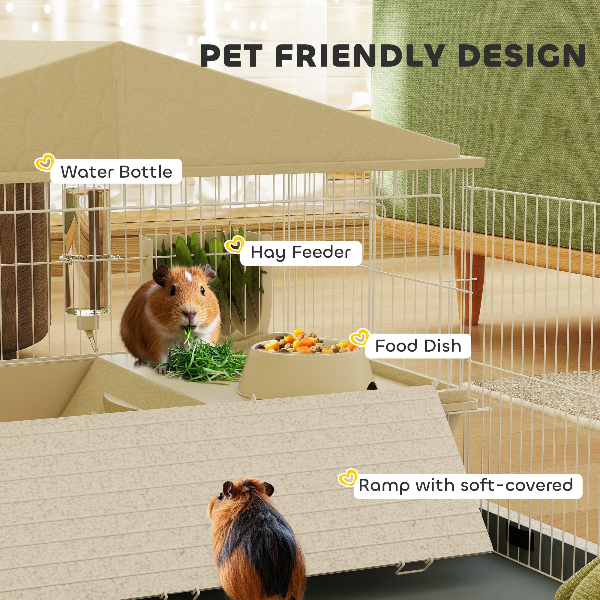 PawHut Guinea Pig & Hedgehog Cage with Removable Playpen, Beige