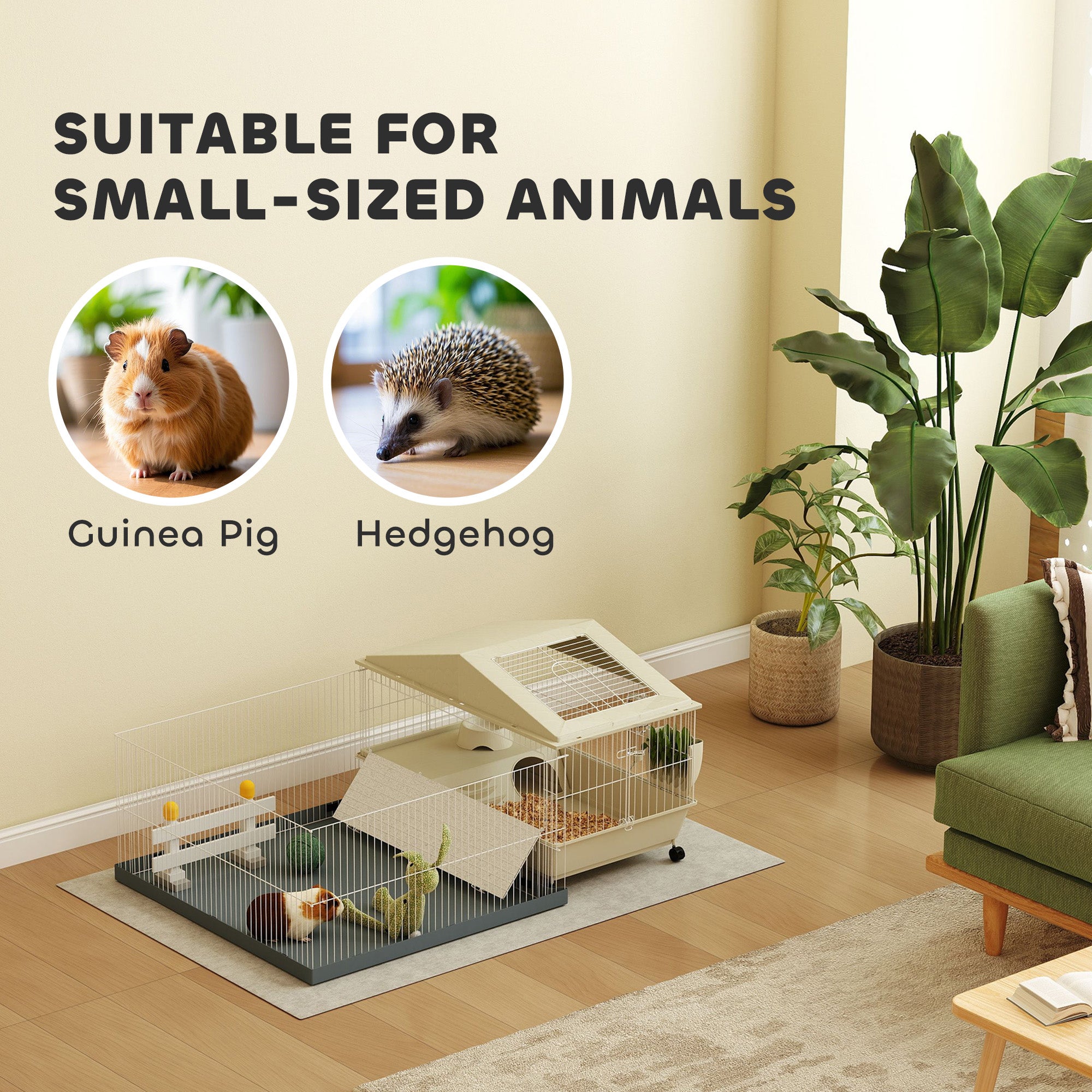 PawHut Guinea Pig & Hedgehog Cage with Removable Playpen, Beige