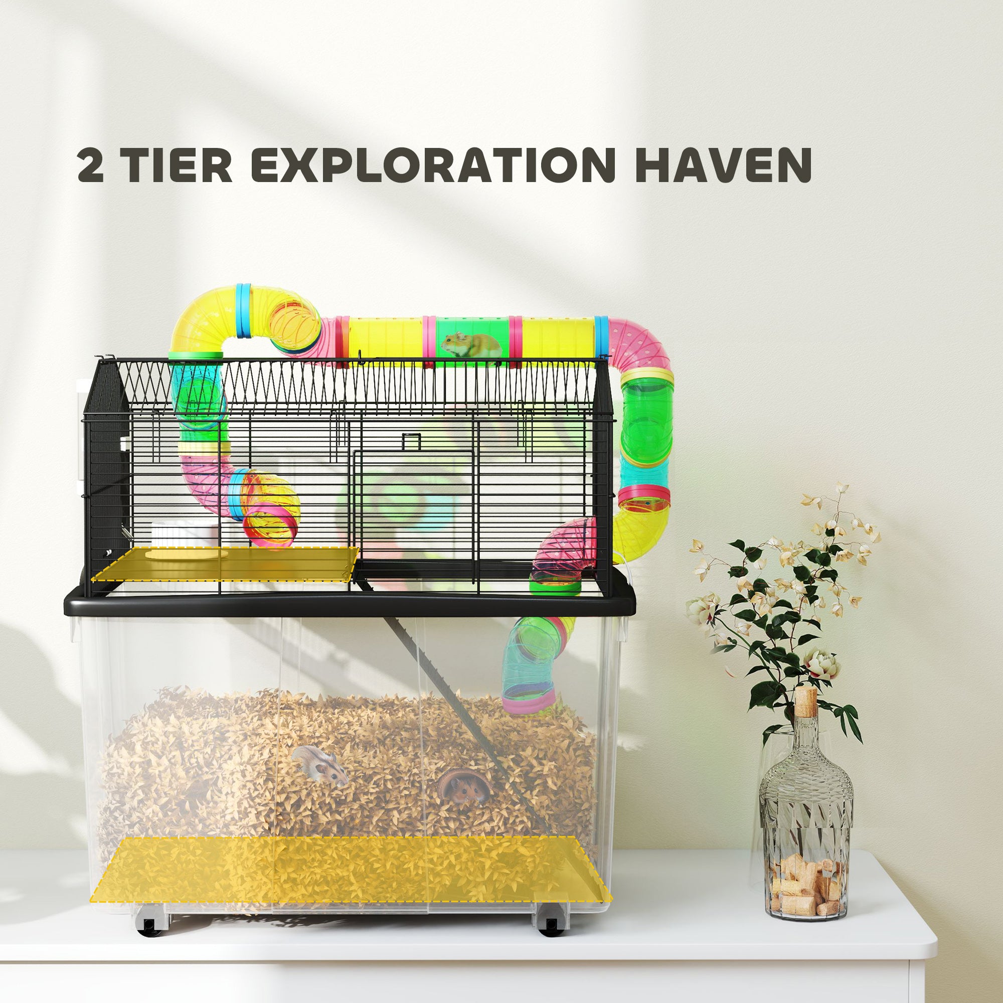 PawHut 2-Tier Hamster Cage with Tube System, 31cm Deep Tray, Wheels