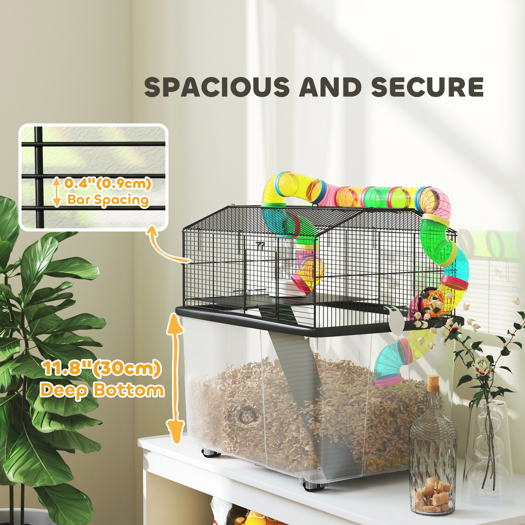 PawHut 2-Tier Hamster Cage with Tube System, 31cm Deep Tray, Wheels