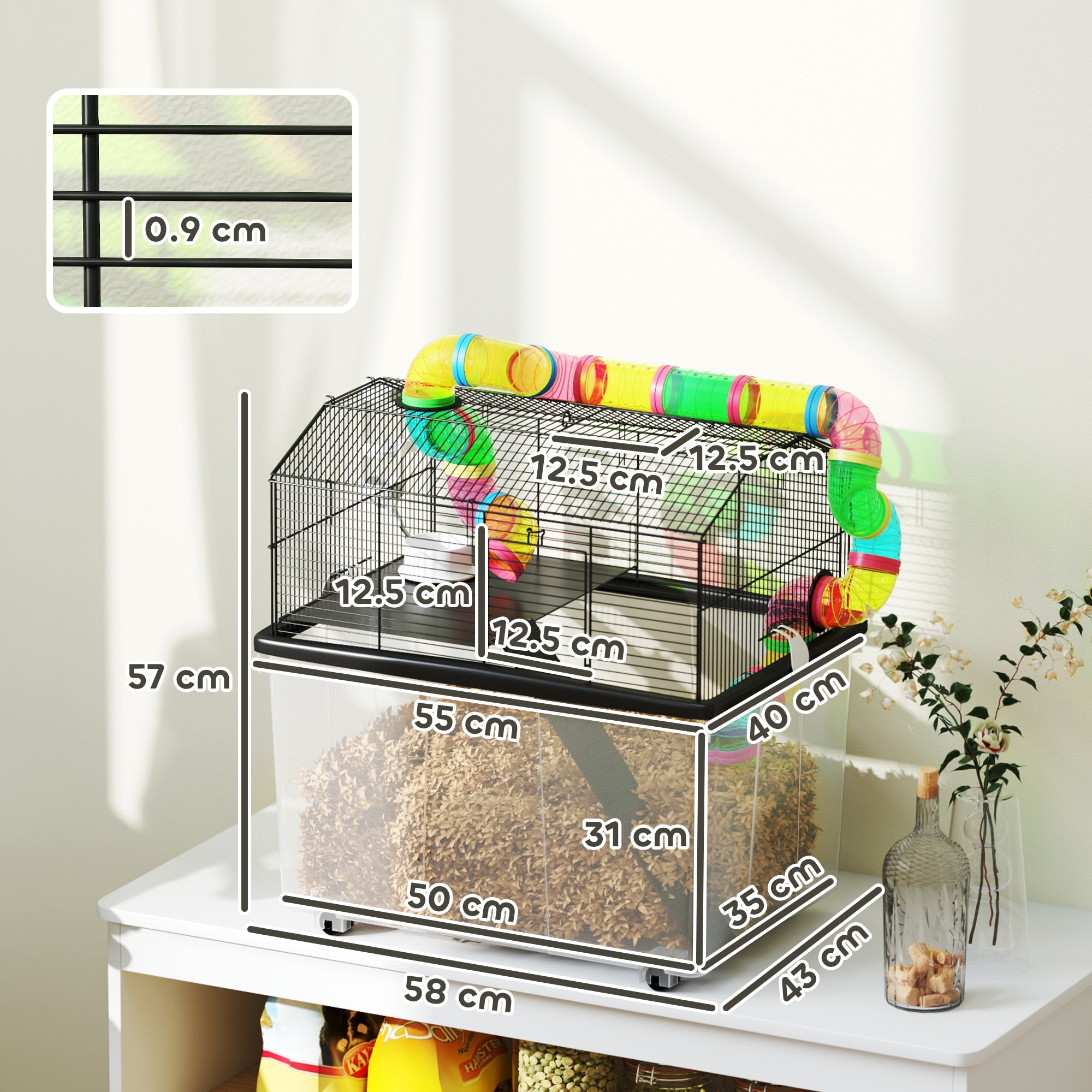 PawHut 2-Tier Hamster Cage with Tube System, 31cm Deep Tray, Wheels