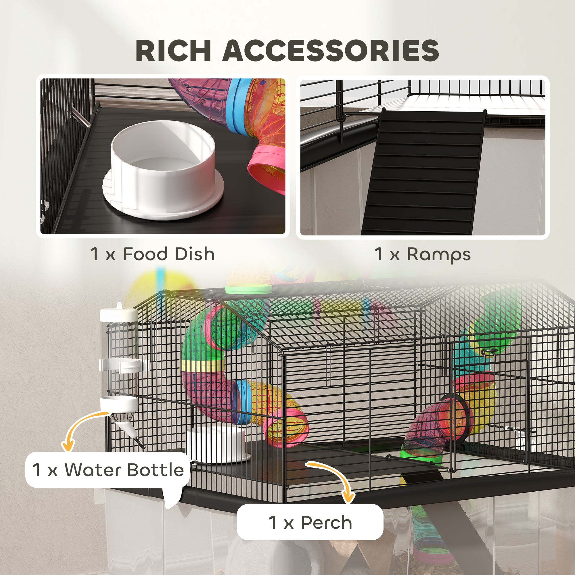 PawHut 2-Tier Hamster Cage with Tube System, 31cm Deep Tray, Wheels