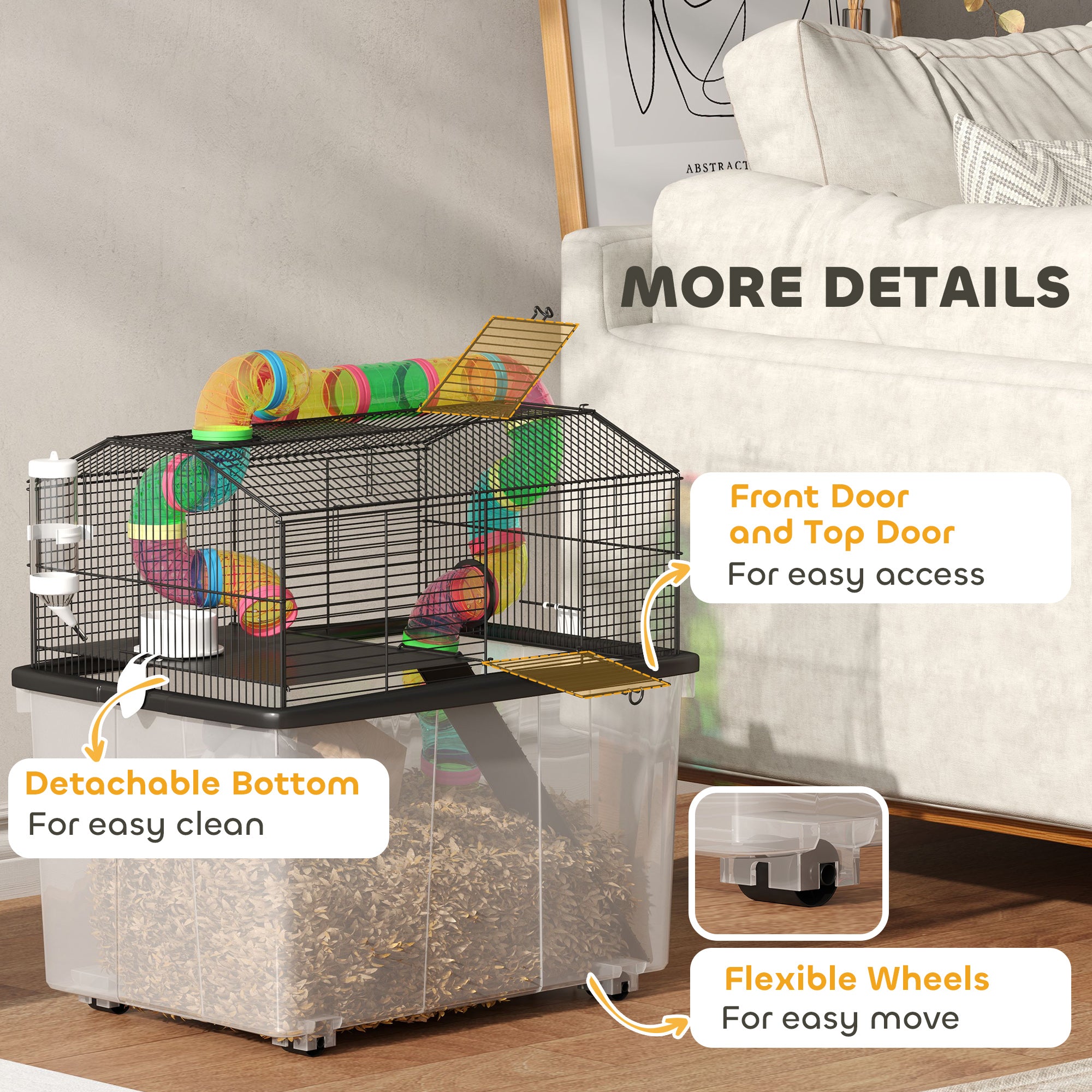 PawHut 2-Tier Hamster Cage with Tube System, 31cm Deep Tray, Wheels