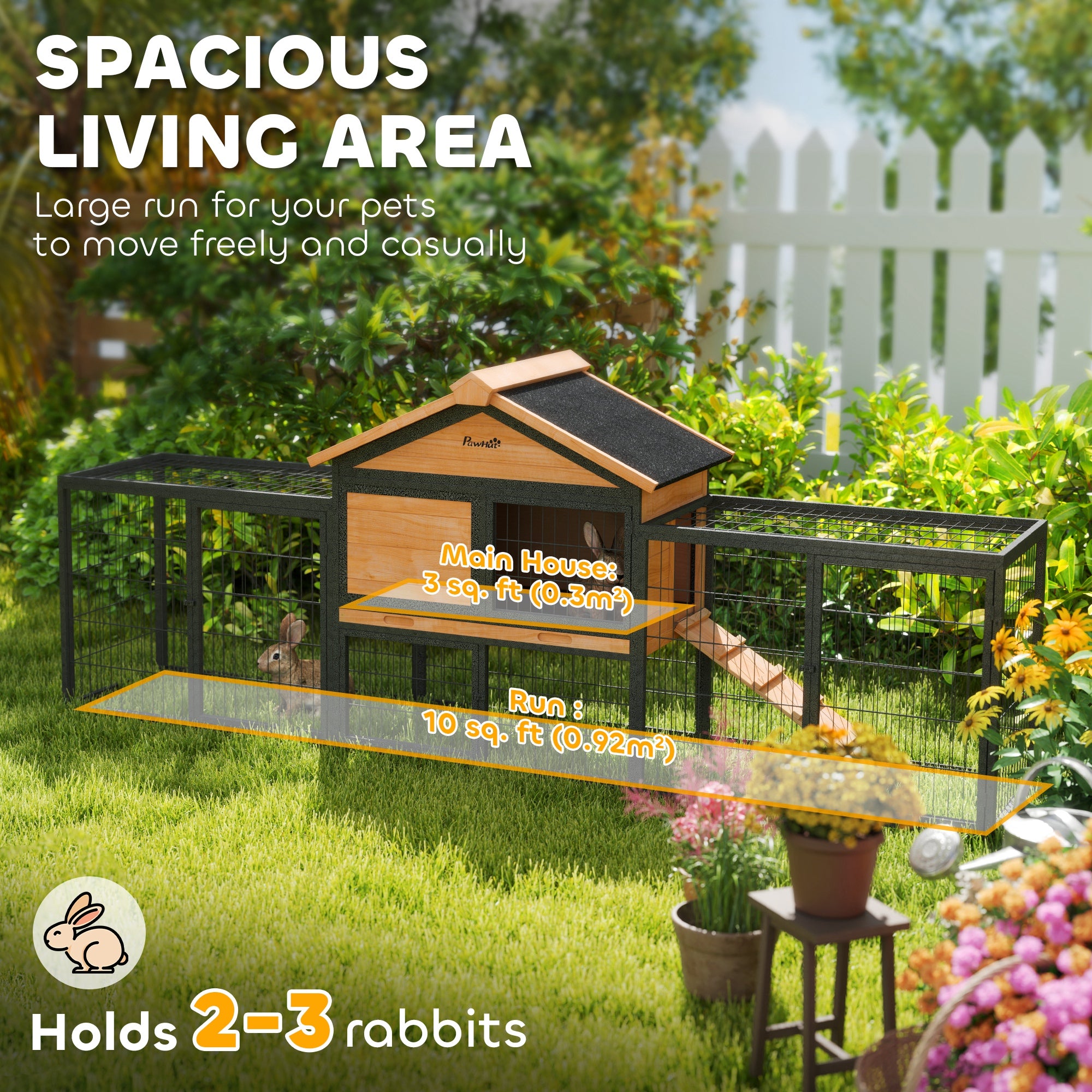 PawHut Outdoor Rabbit Hutch with Steel Run and Removable Tray