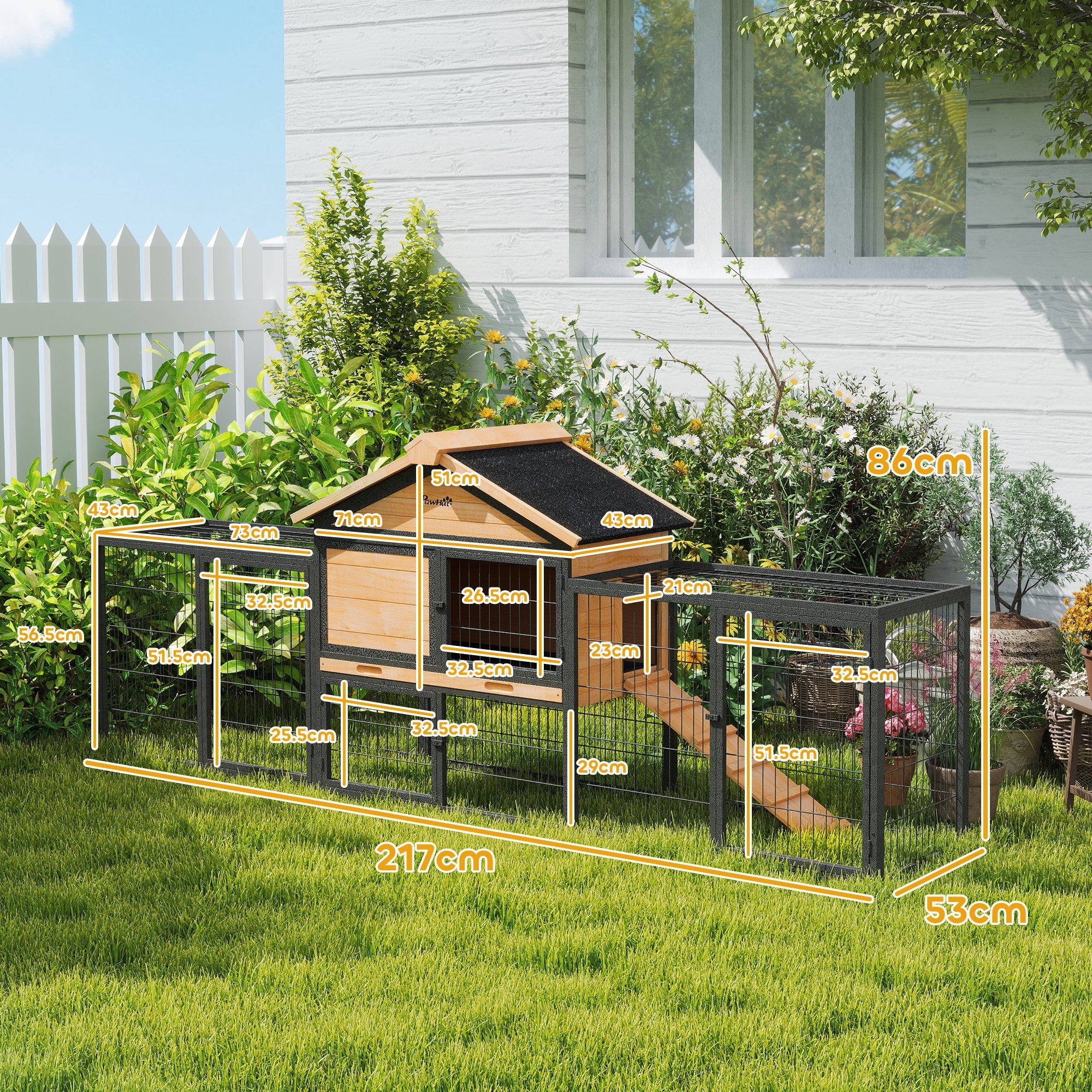 PawHut Outdoor Rabbit Hutch with Steel Run and Removable Tray