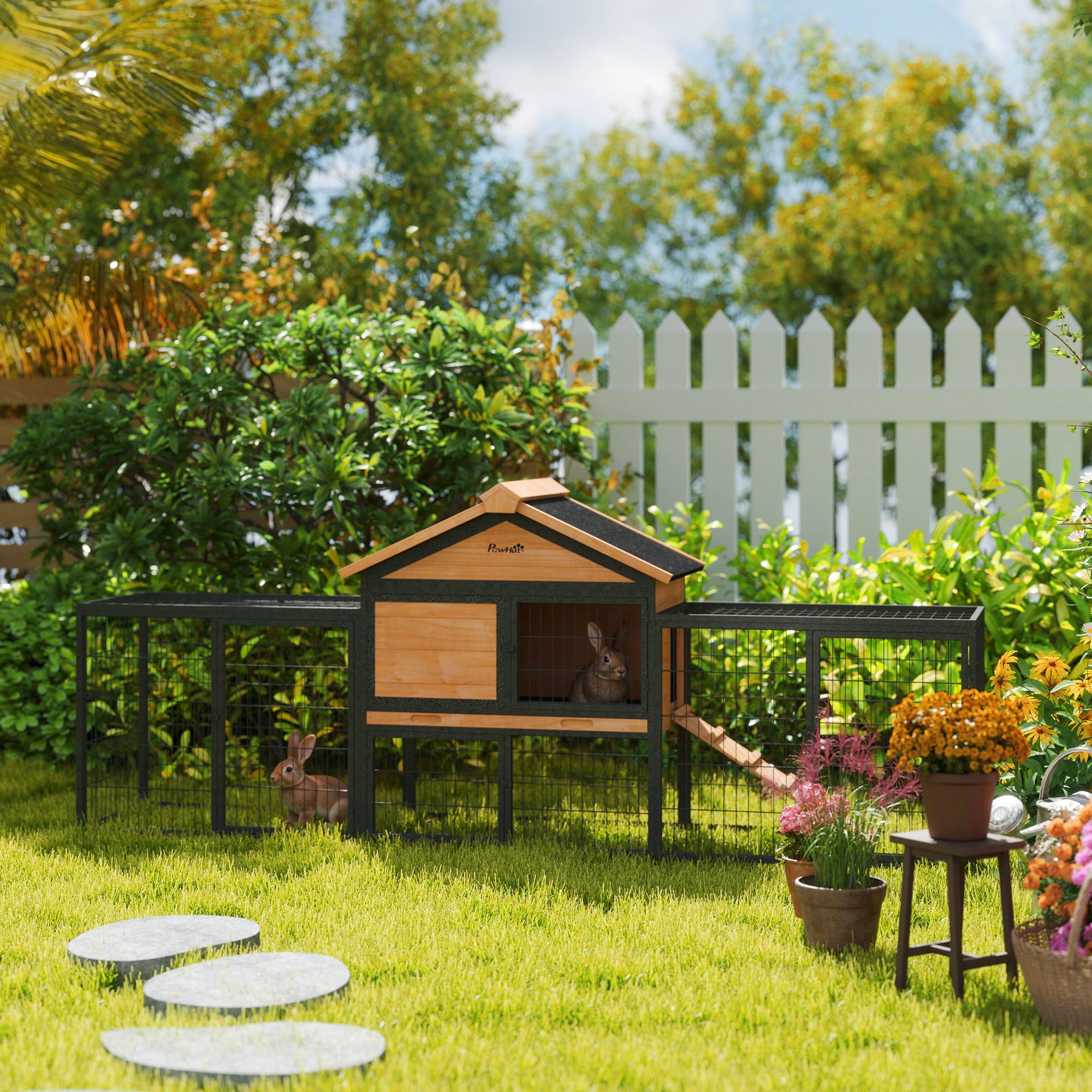 PawHut Outdoor Rabbit Hutch with Steel Run and Removable Tray