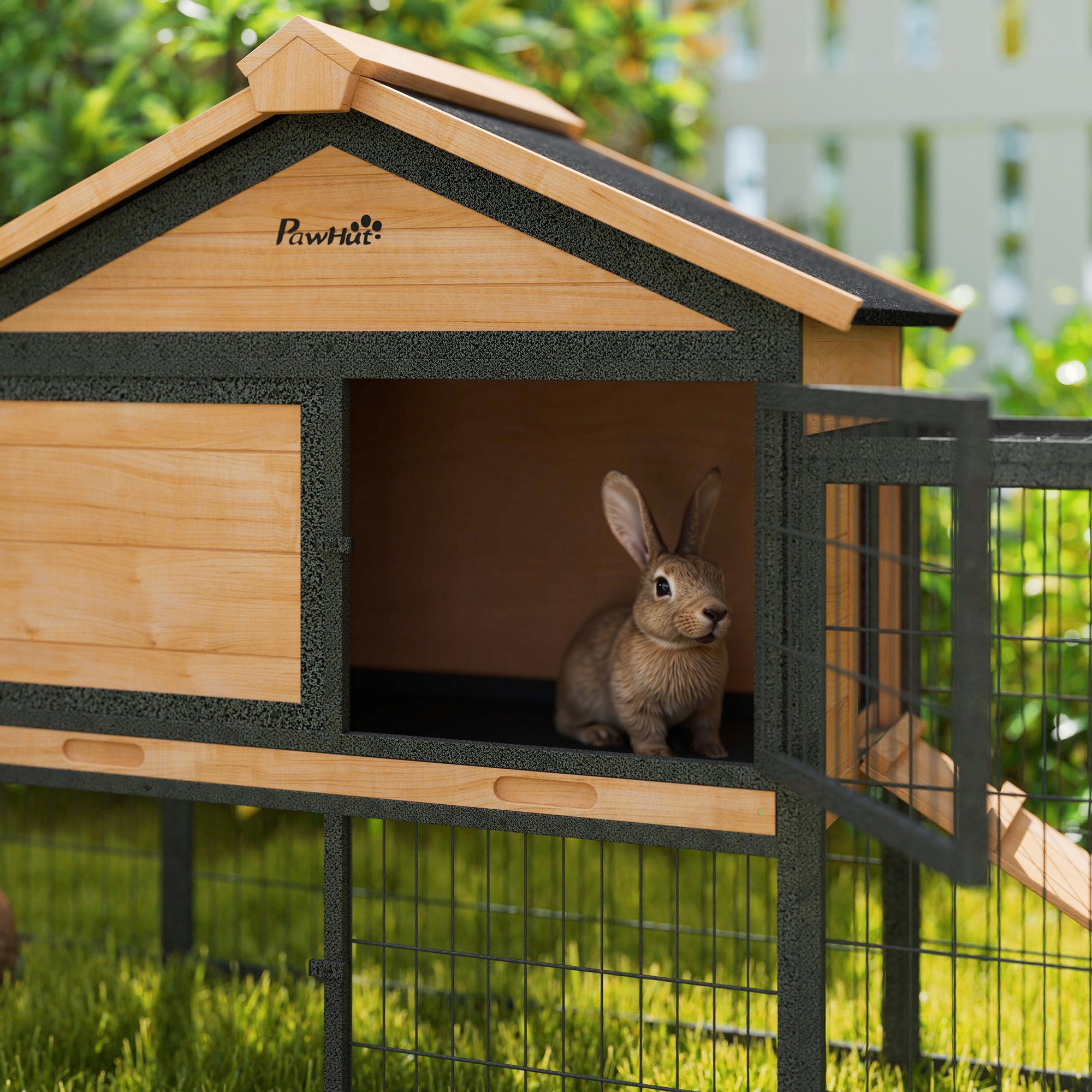PawHut Outdoor Rabbit Hutch with Steel Run and Removable Tray